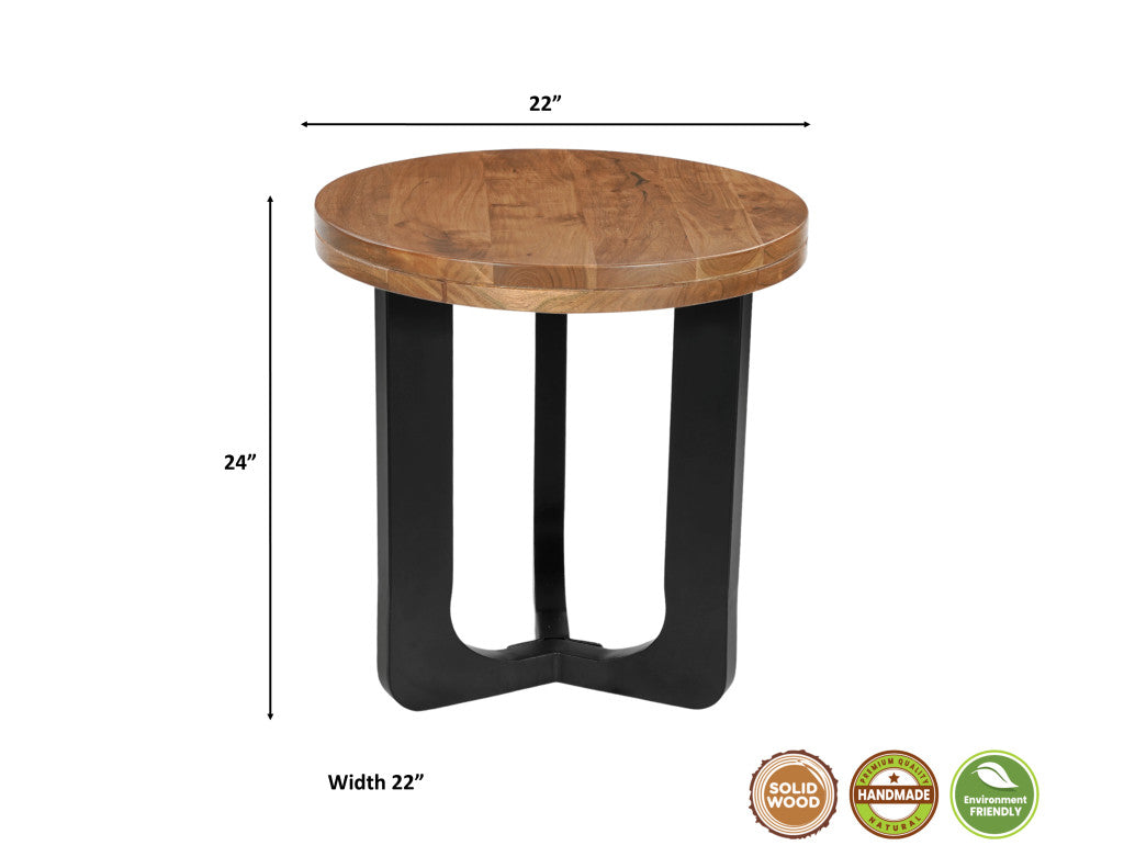 24" Brown and Black Solid Wood and Iron Round Cross Legs End Table-6