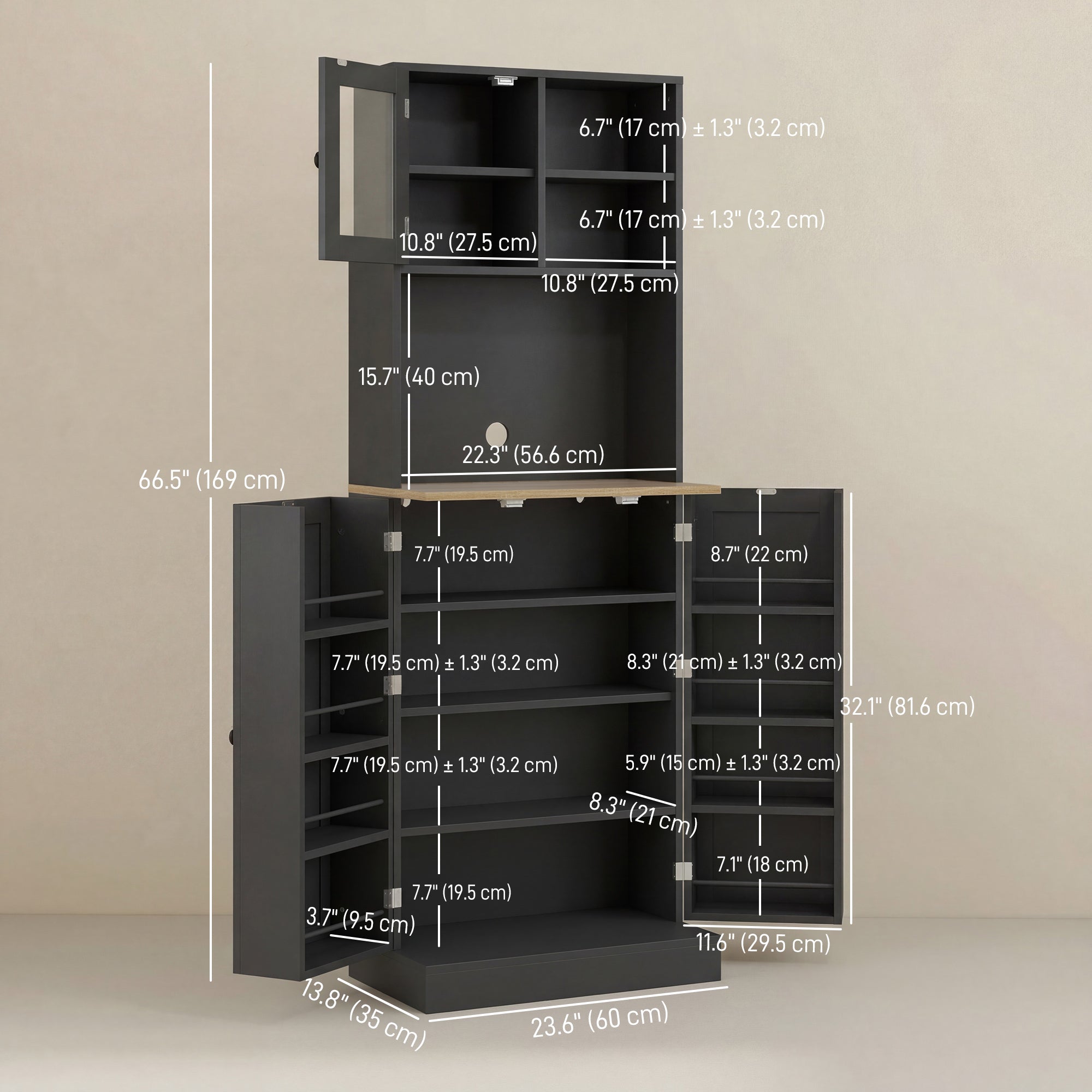 66.5" Kitchen Pantry Cabinet - Black Glass Doors-DECOROLALA
