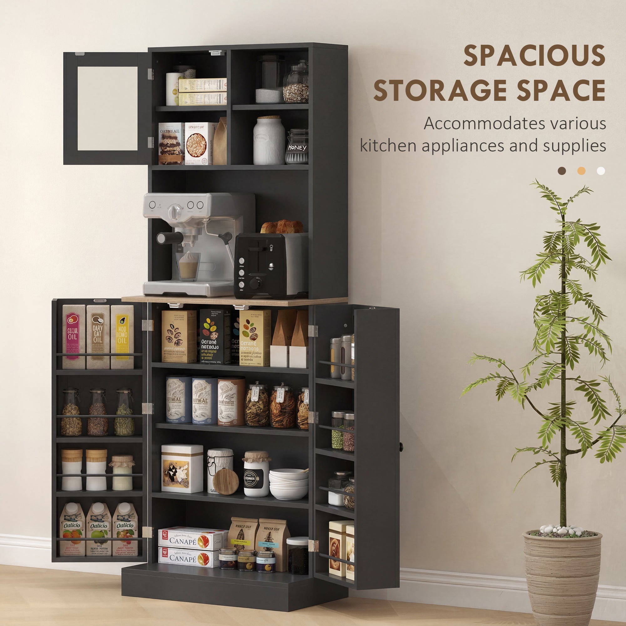 66.5" Kitchen Pantry Cabinet - Black Glass Doors-DECOROLALA