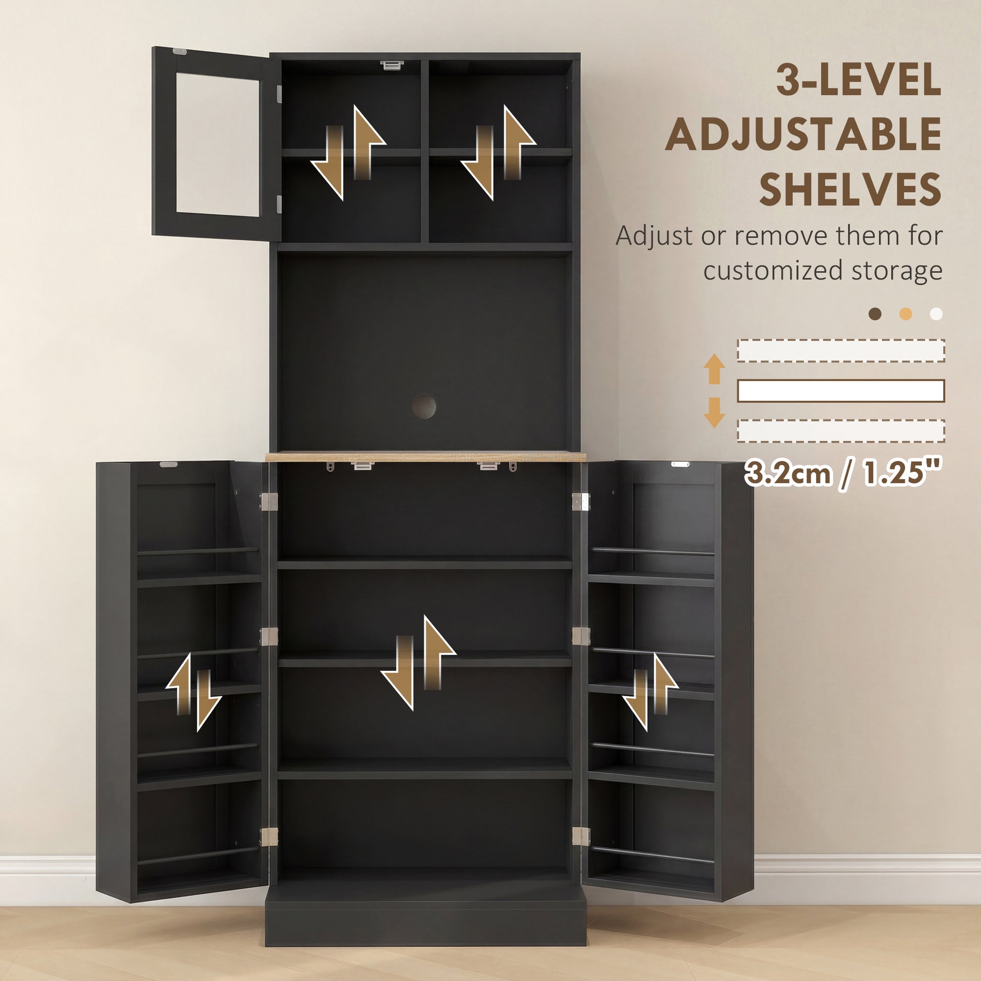 66.5" Kitchen Pantry Cabinet - Black Glass Doors-DECOROLALA