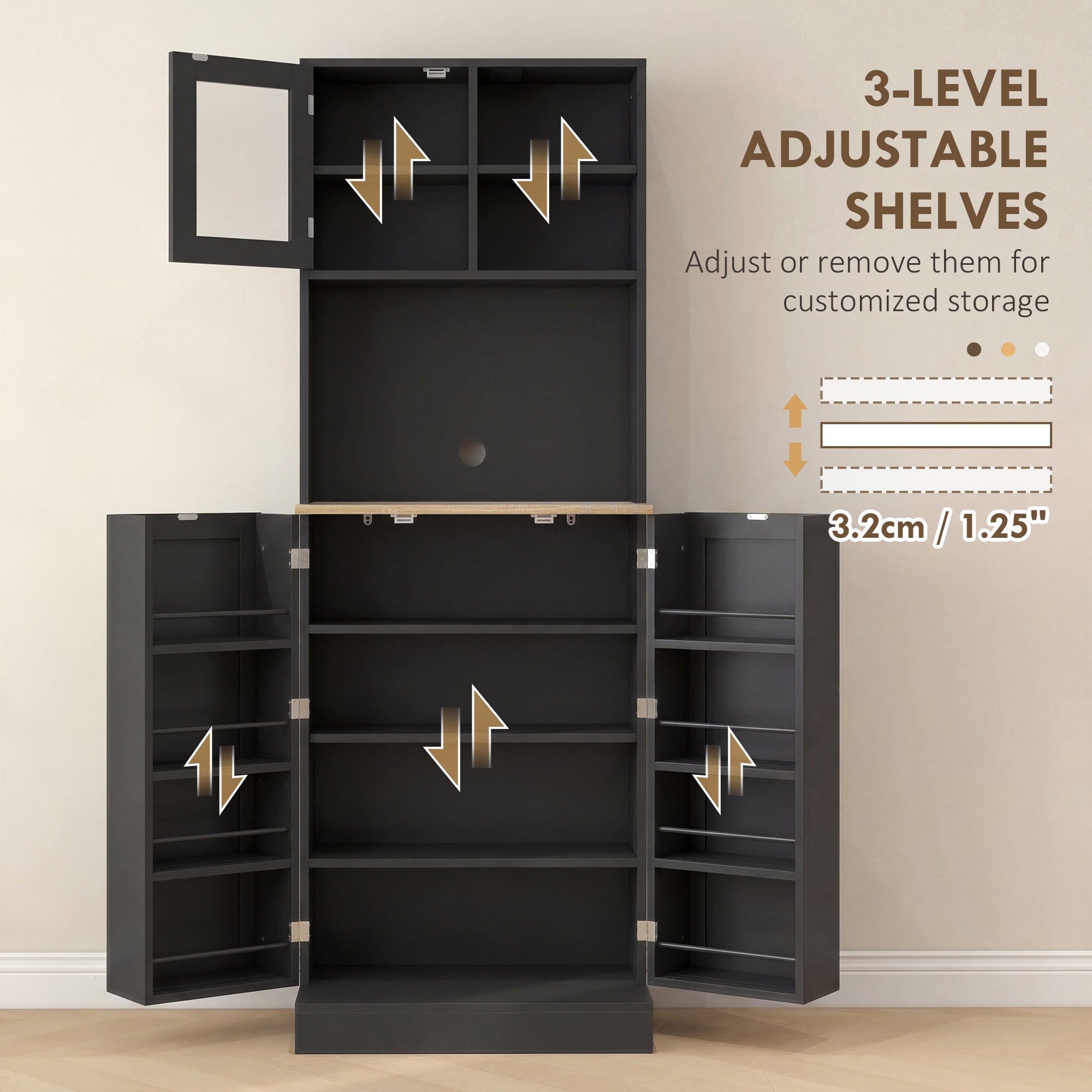 66.5" Kitchen Pantry Cabinet - Black Glass Doors-DECOROLALA