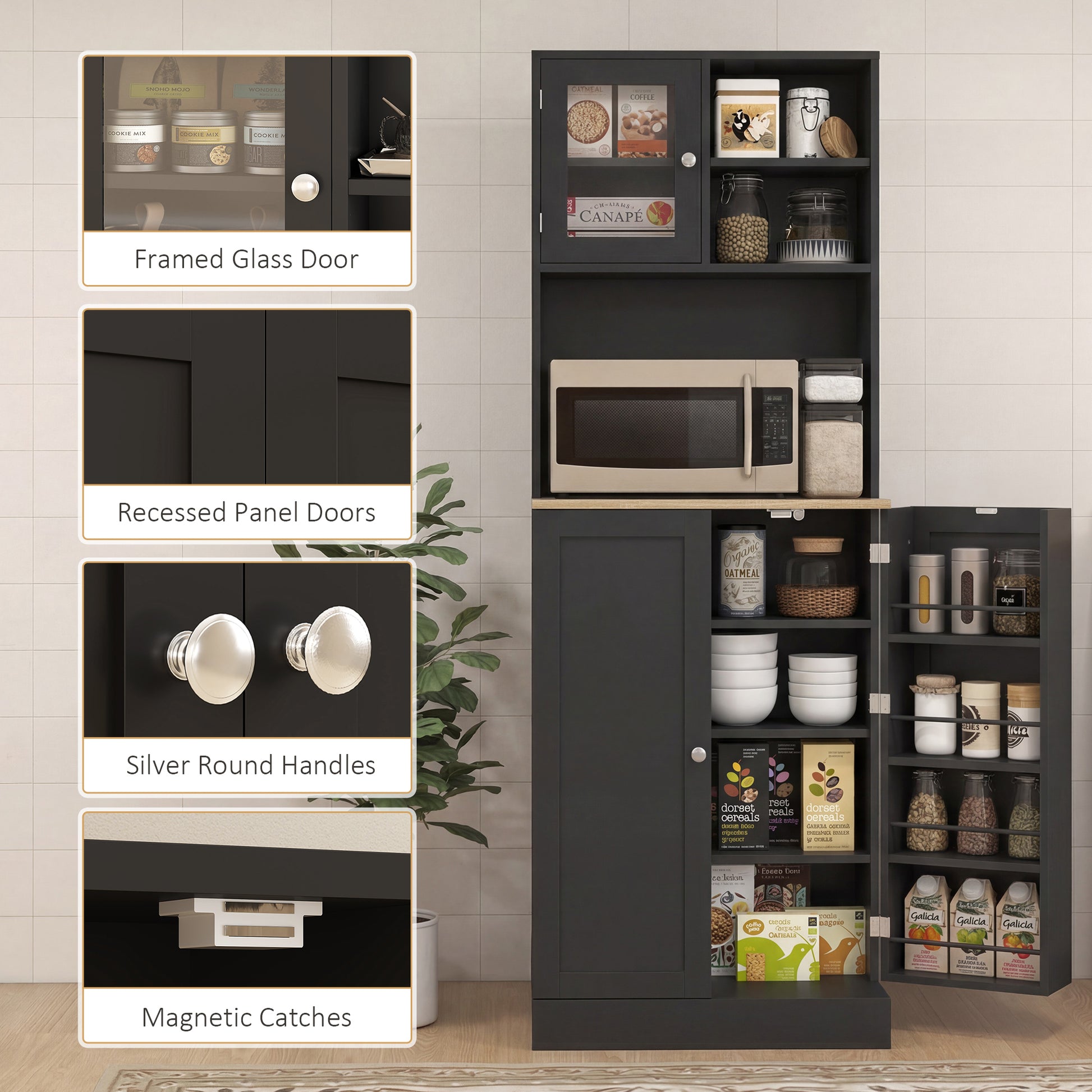 66.5" Kitchen Pantry Cabinet - Black Glass Doors-DECOROLALA