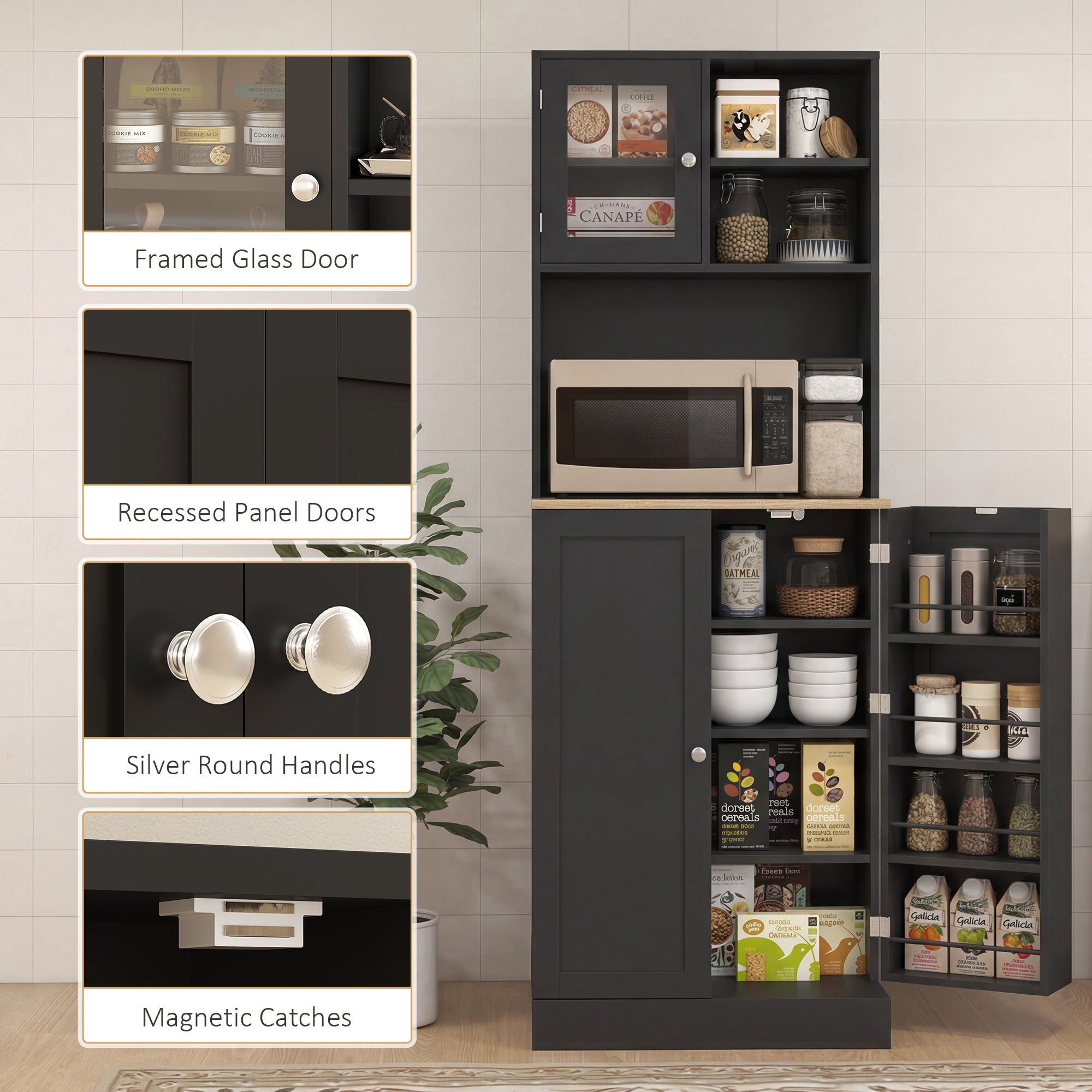 66.5" Kitchen Pantry Cabinet - Black Glass Doors-DECOROLALA
