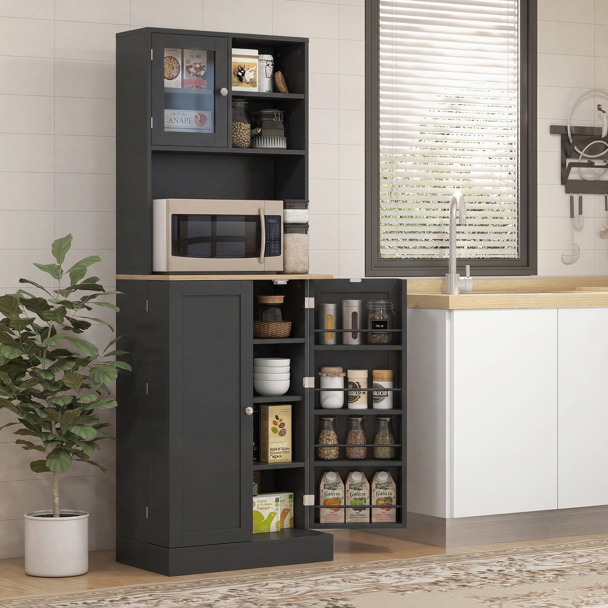66.5" Kitchen Pantry Cabinet - Black Glass Doors-DECOROLALA