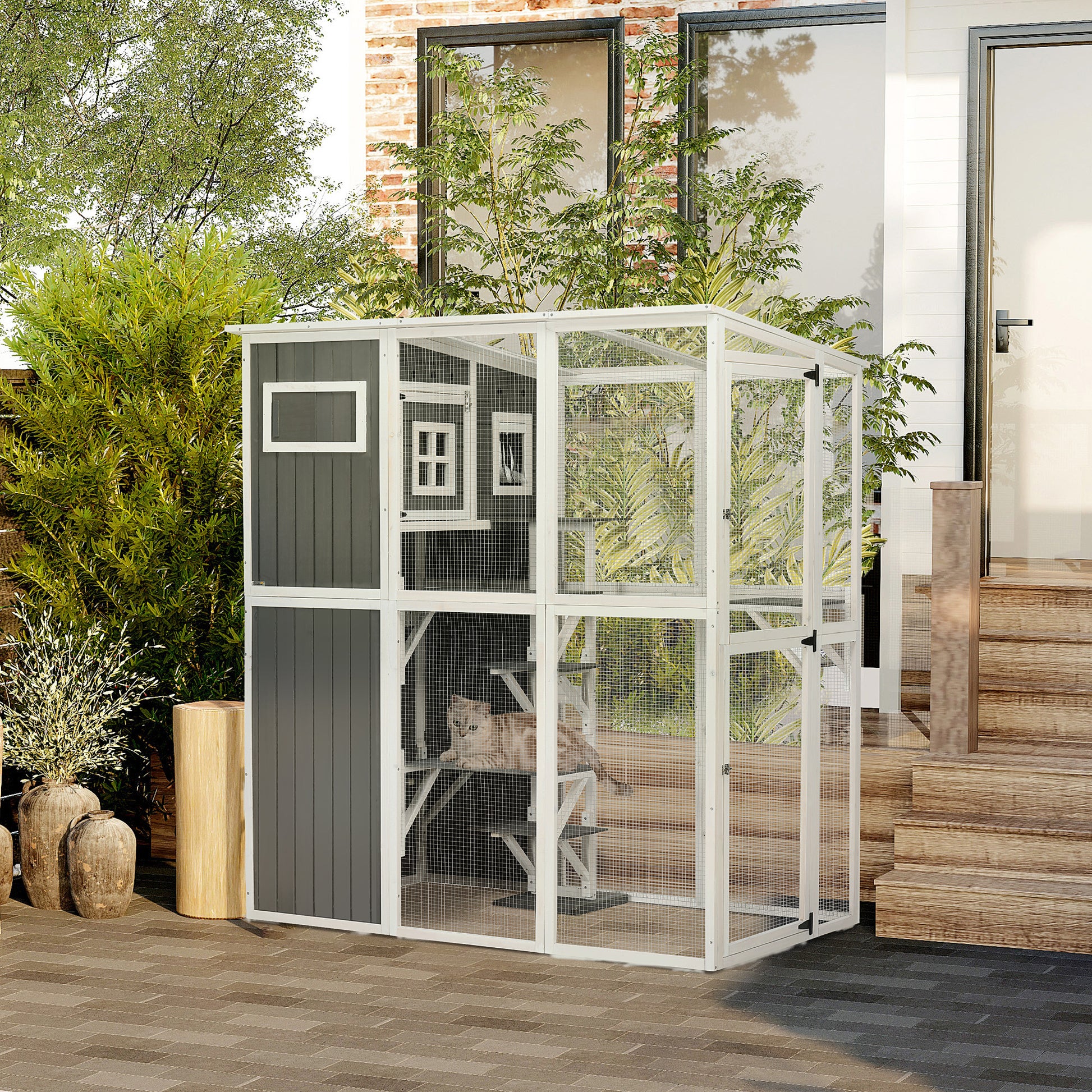 66.5" Wooden Outdoor Cat Catio Enclosure - Gray-DECOROLALA