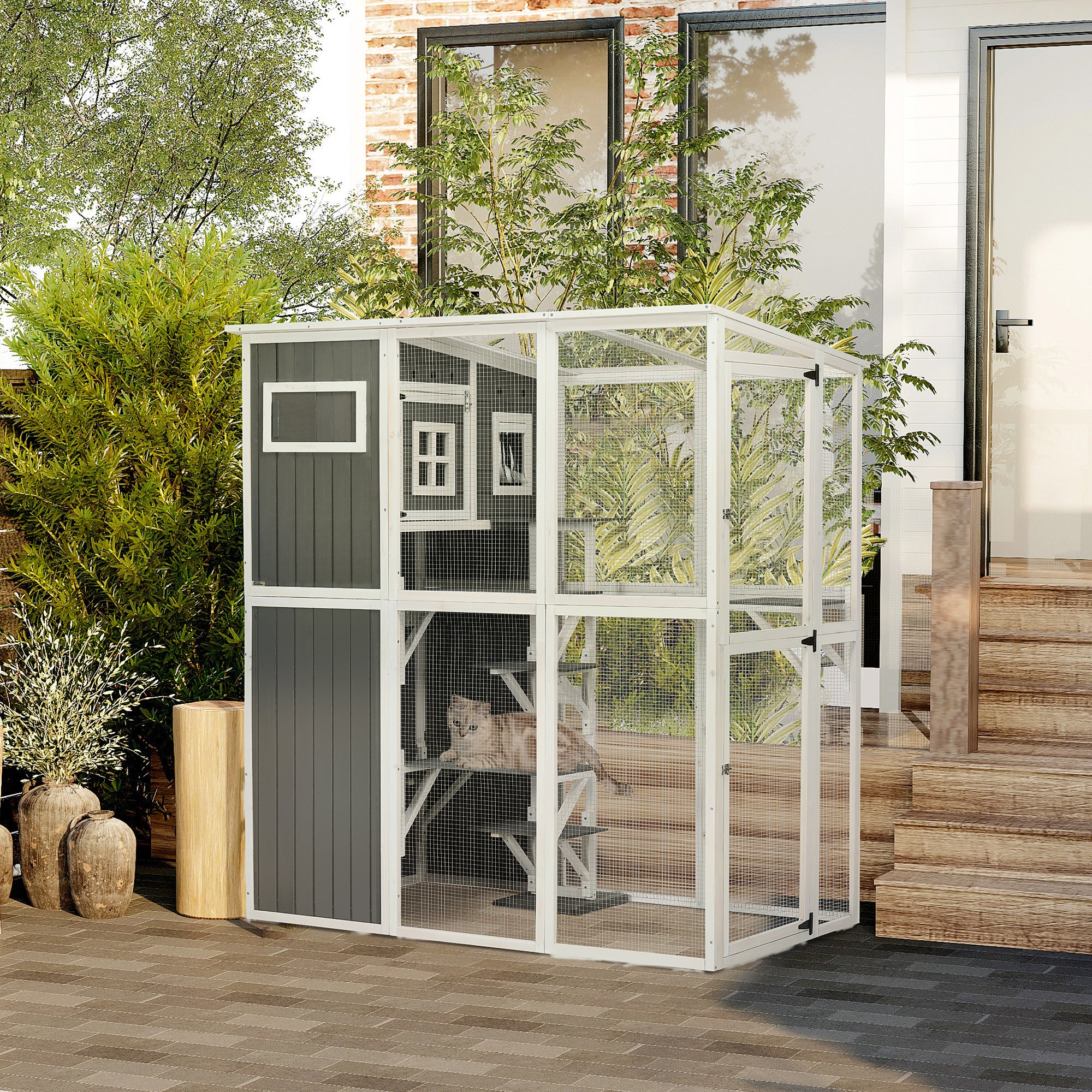 66.5" Wooden Outdoor Cat Catio Enclosure - Gray-DECOROLALA