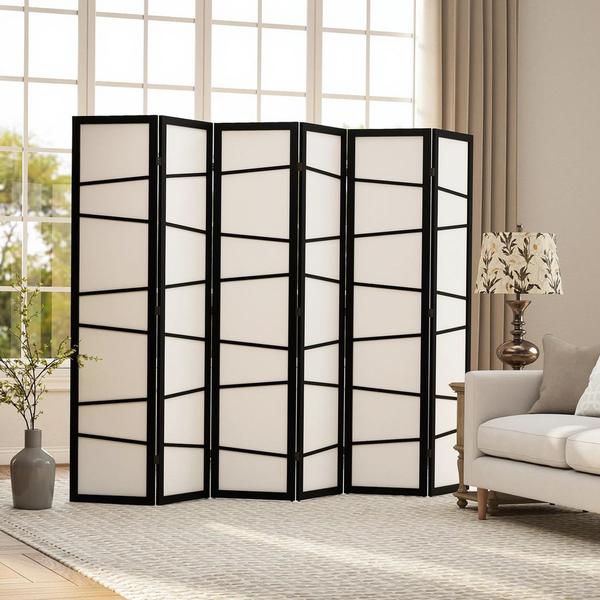 66.9" Folding Room Divider - 6 Panel Wood Frame White-Home Furnishings > Living Room Furniture > Room Dividers-DECOROLALA