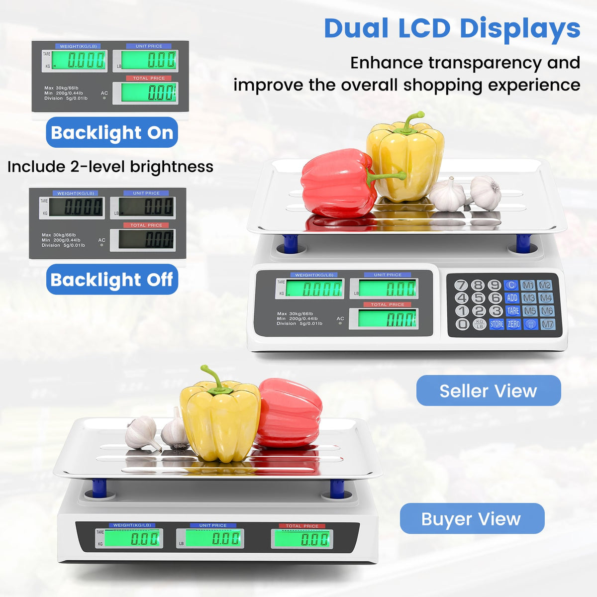 66lb Price Computing Scale Commercial Food Scale with Dual LCD Displays-Kitchen Tools-DECOROLALA