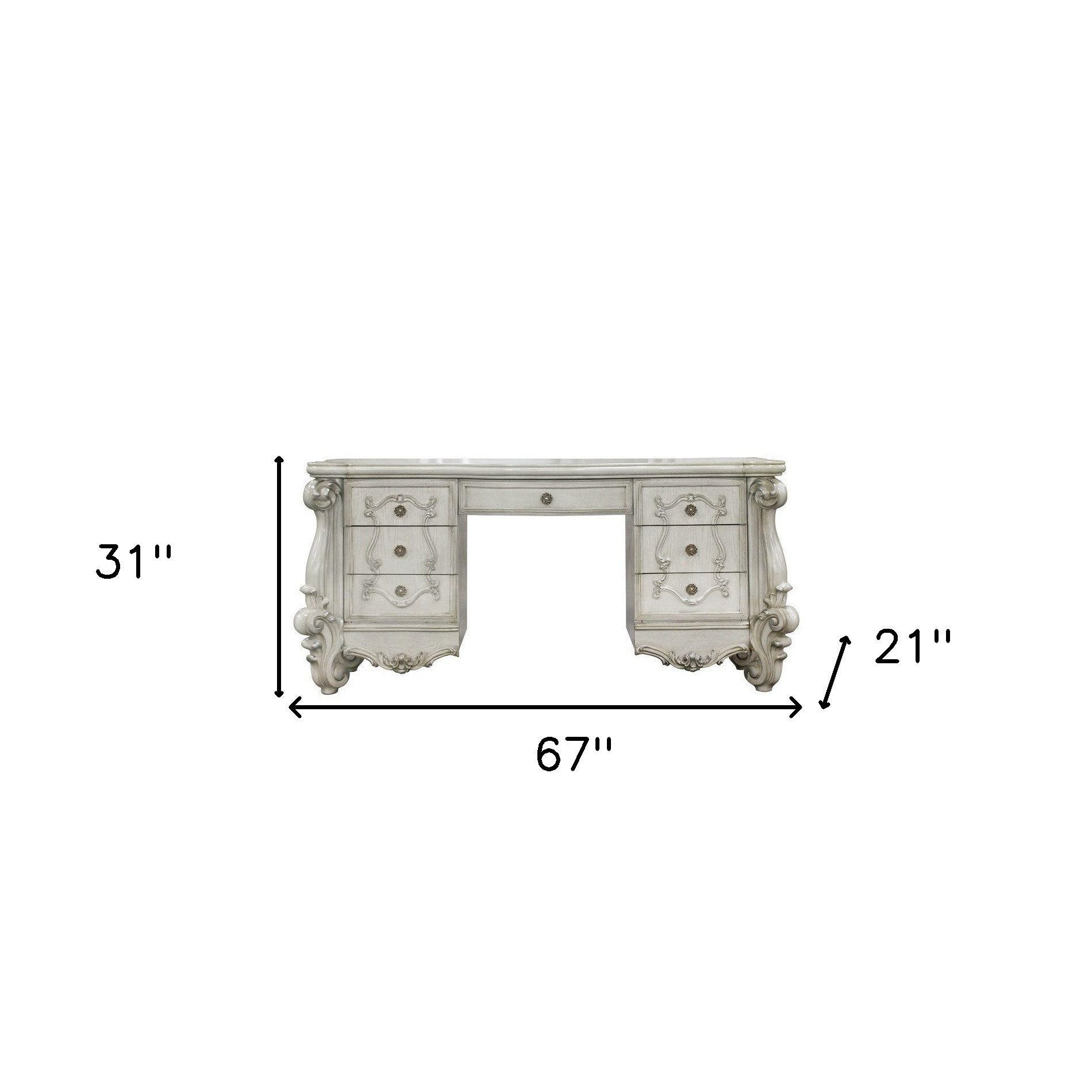 67" Antiqued White Wood Vanity Table With Seven Drawers-Vanity Tables-DECOROLALA