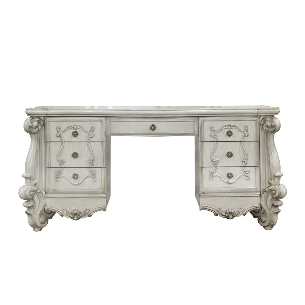 67" Antiqued White Wood Vanity Table With Seven Drawers-Vanity Tables-DECOROLALA