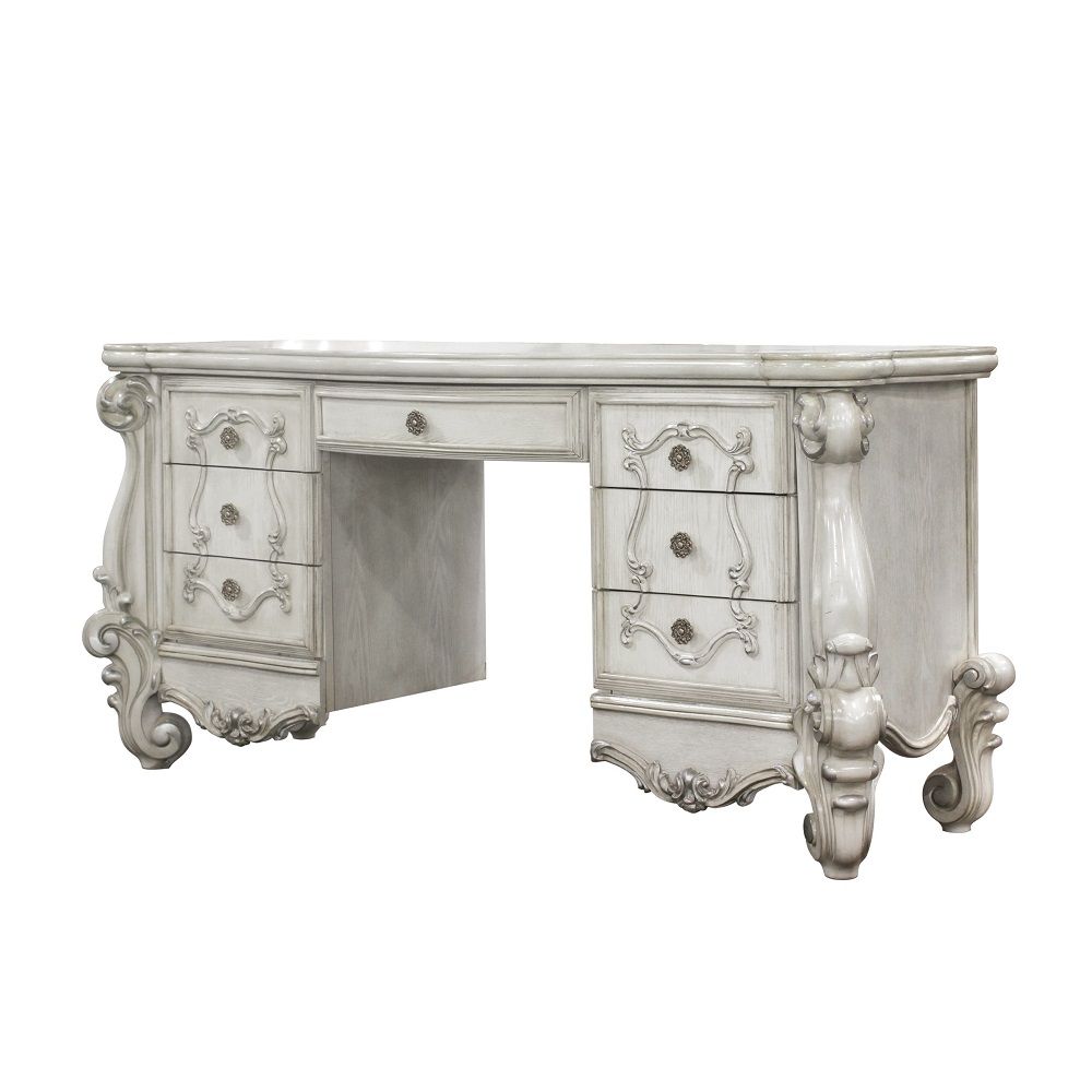 67" Antiqued White Wood Vanity Table With Seven Drawers-Vanity Tables-DECOROLALA
