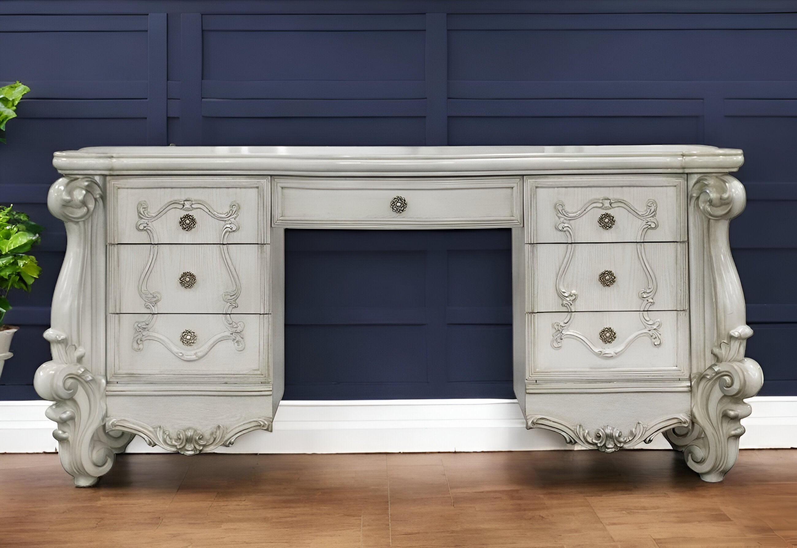 67" Antiqued White Wood Vanity Table With Seven Drawers-Vanity Tables-DECOROLALA