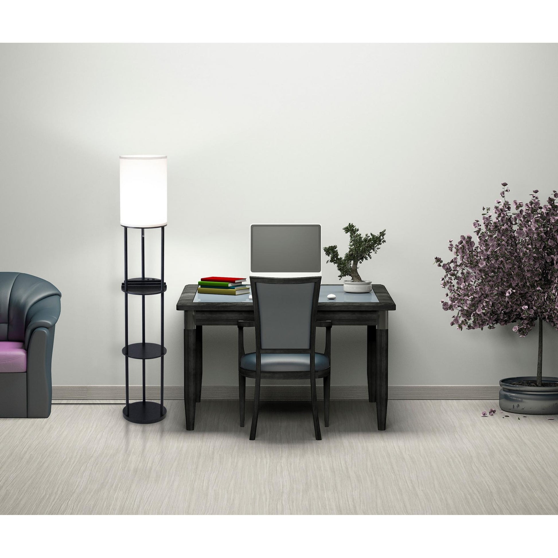 67" Black And White Column With White Linen Shade-Floor Lamps-DECOROLALA