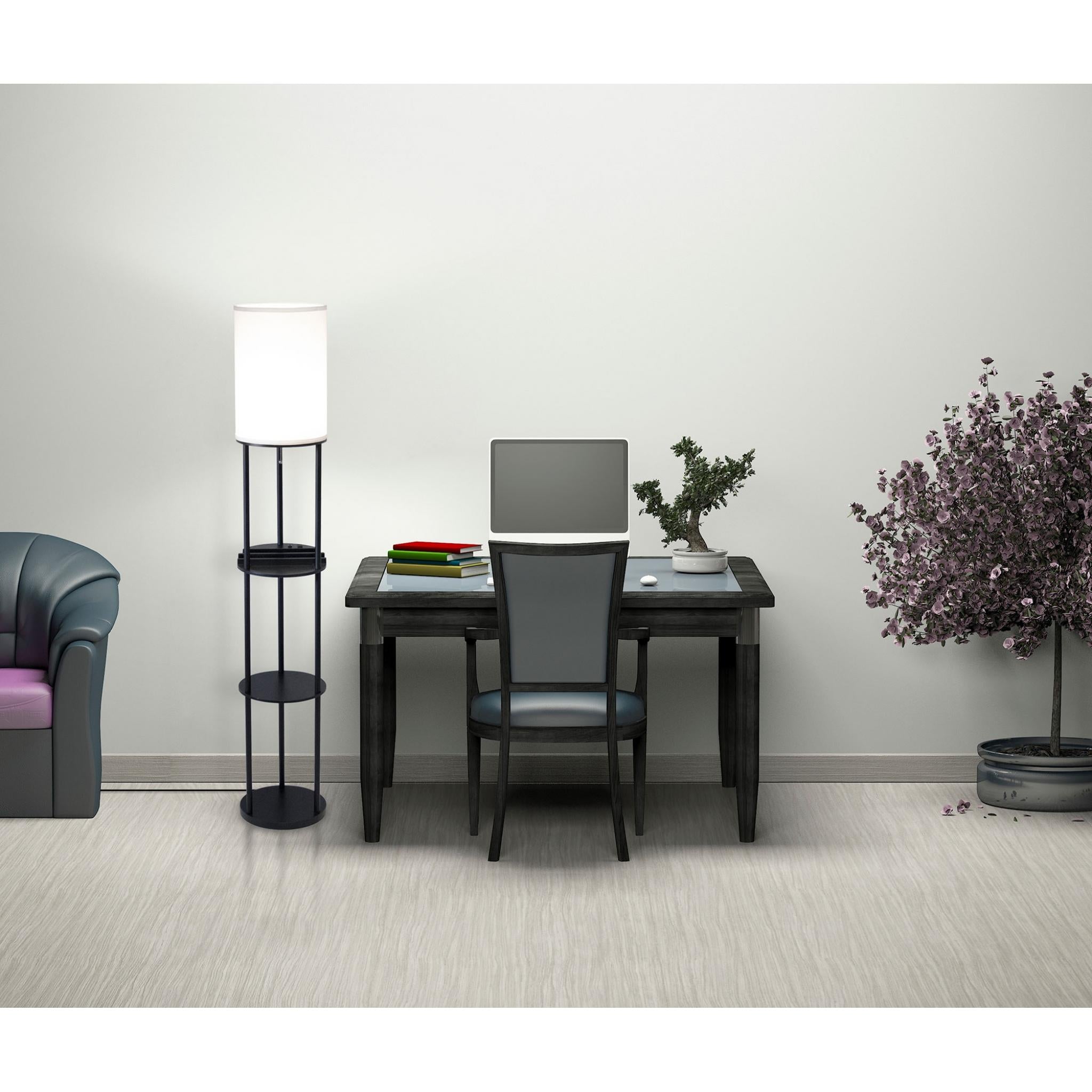 67" Black And White Column With White Linen Shade-Floor Lamps-DECOROLALA