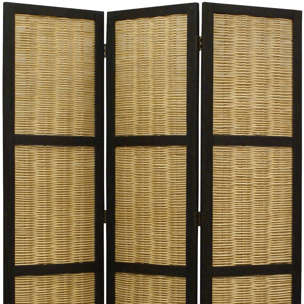 67" Brown Folding Three Panel Screen Room Divider-Room Dividers-DECOROLALA