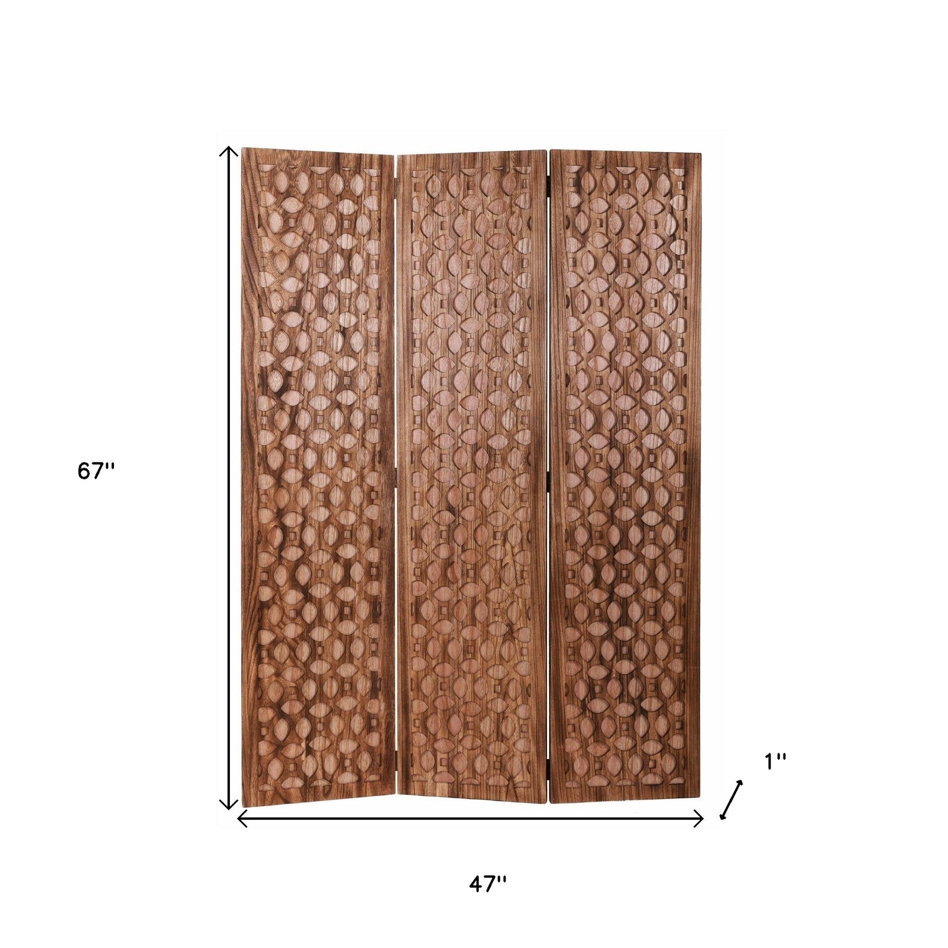 67" Brown Folding Three Panel Screen Room Divider-Room Dividers-DECOROLALA