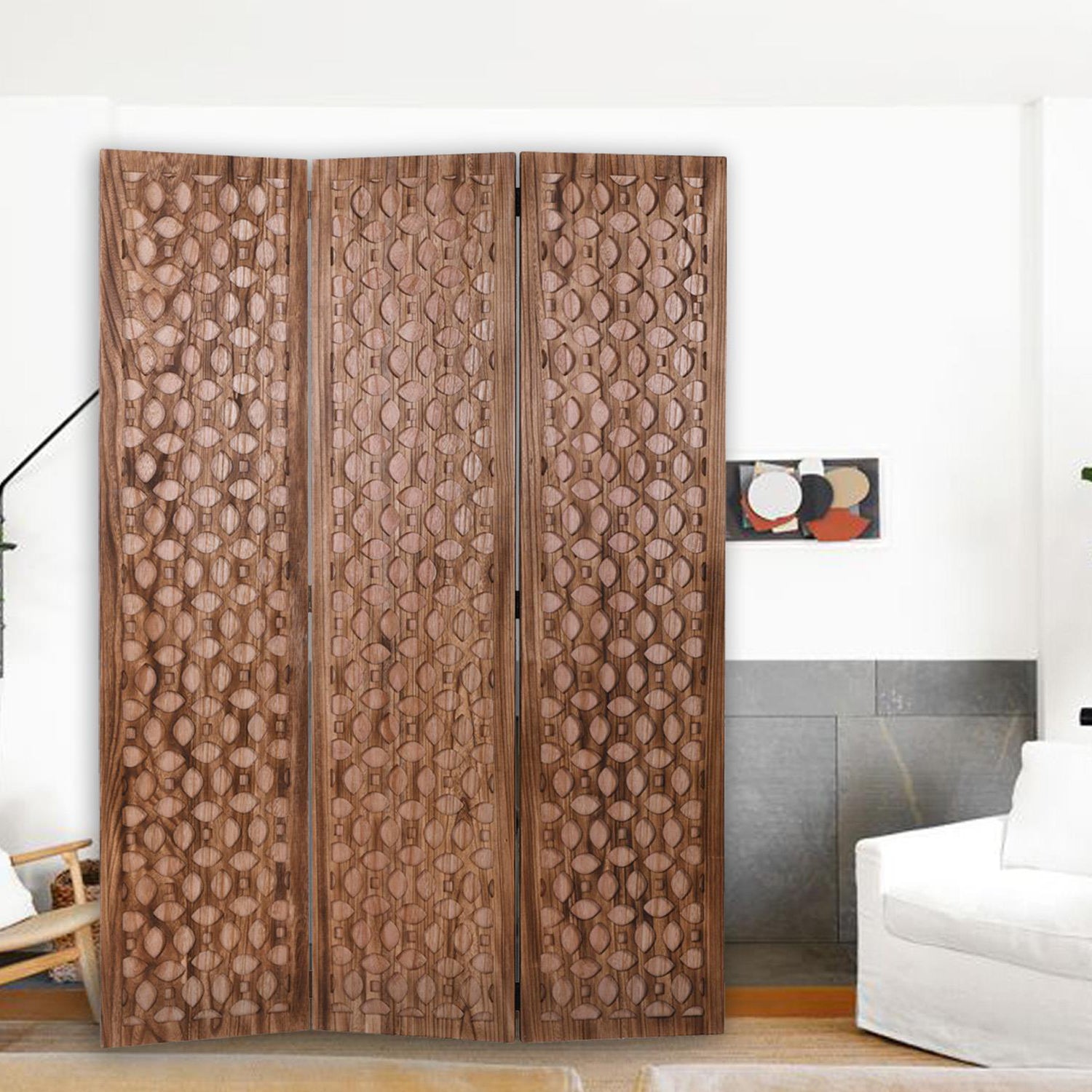 67" Brown Folding Three Panel Screen Room Divider-Room Dividers-DECOROLALA
