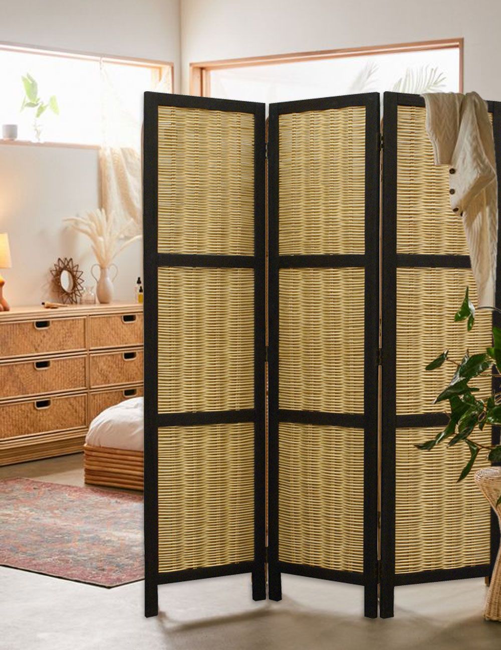 67" Brown Folding Three Panel Screen Room Divider-Room Dividers-DECOROLALA