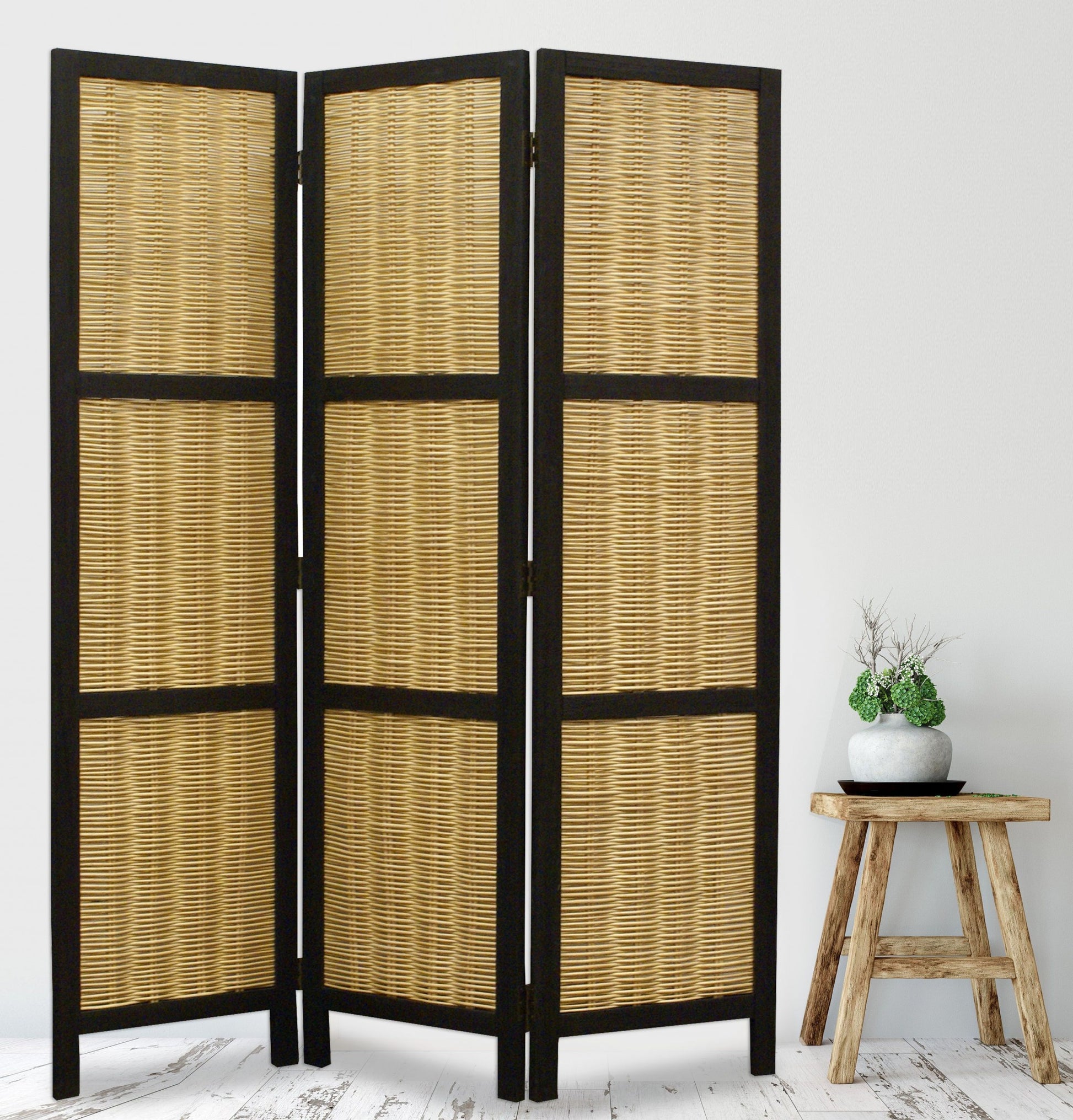 67" Brown Folding Three Panel Screen Room Divider-Room Dividers-DECOROLALA