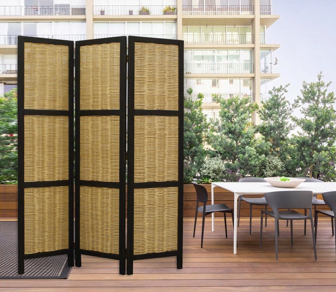 67" Brown Folding Three Panel Screen Room Divider-Room Dividers-DECOROLALA