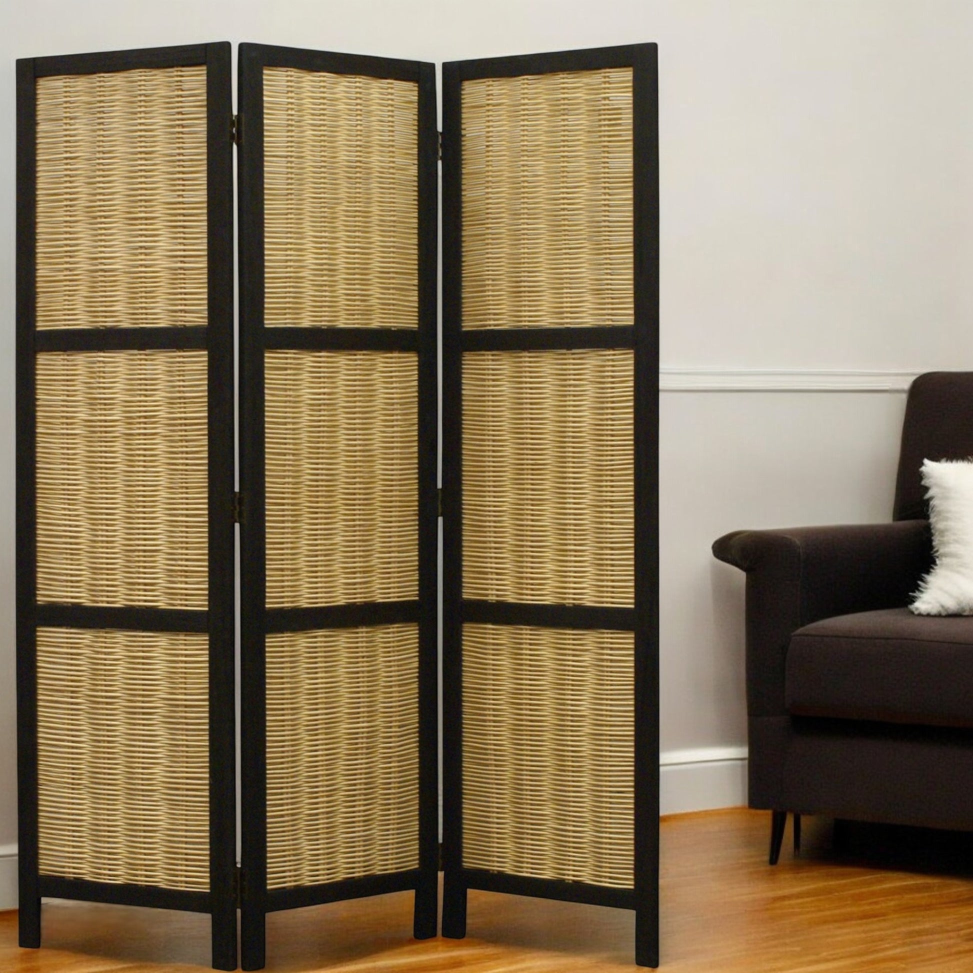 67" Brown Folding Three Panel Screen Room Divider-Room Dividers-DECOROLALA