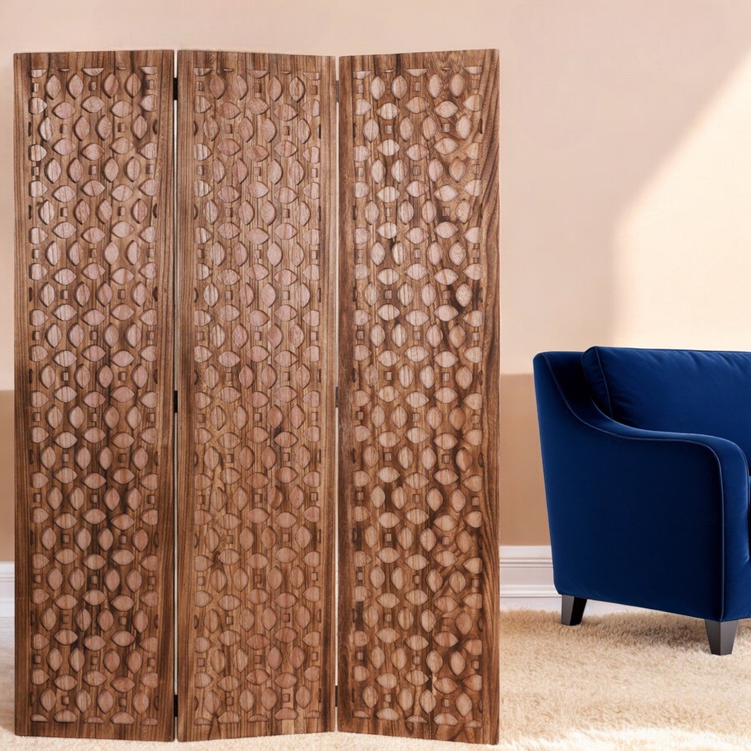 67" Brown Folding Three Panel Screen Room Divider-Room Dividers-DECOROLALA
