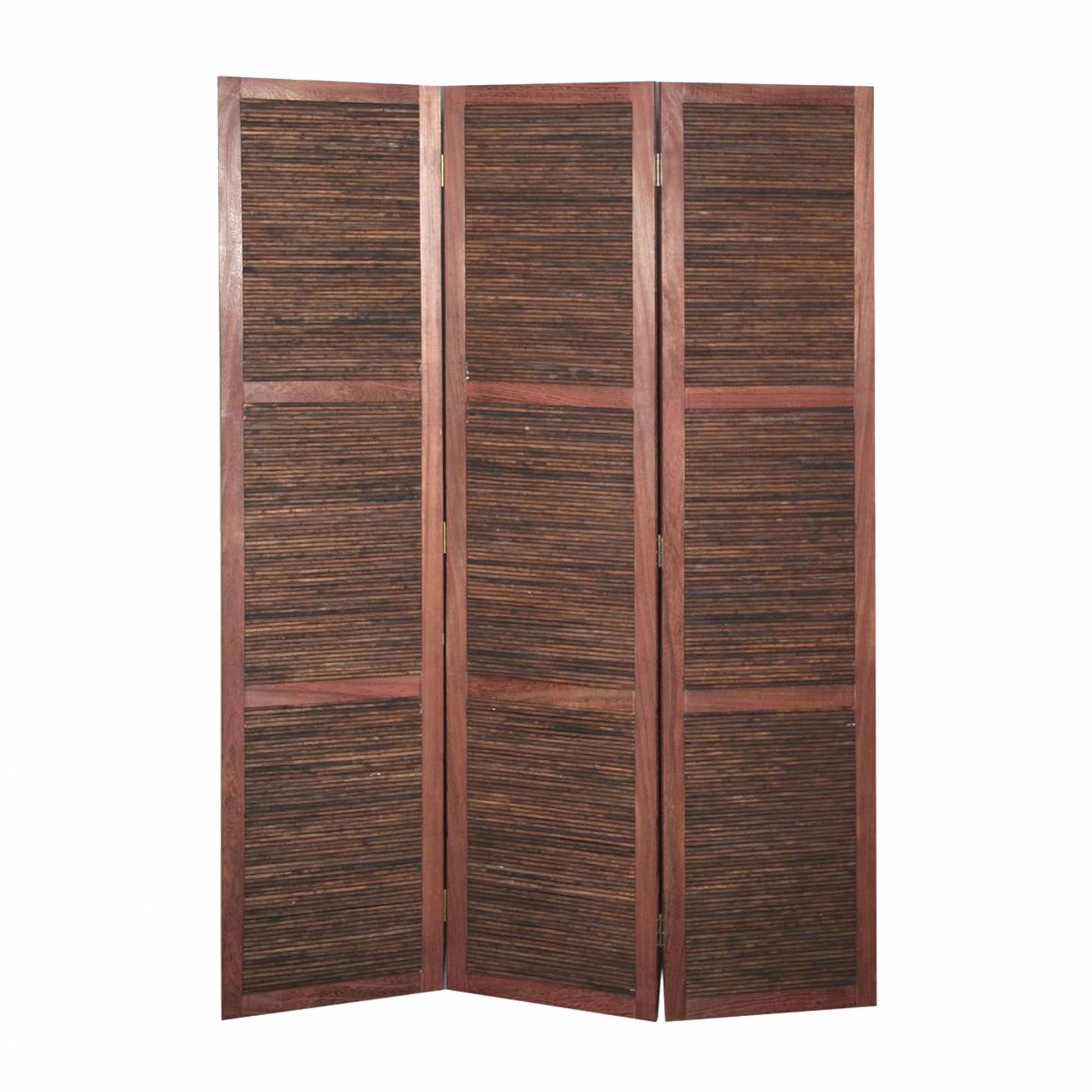 67" Brown Solid and Manufactured Wood Folding Three Panel Screen Room Divider-Room Dividers-DECOROLALA