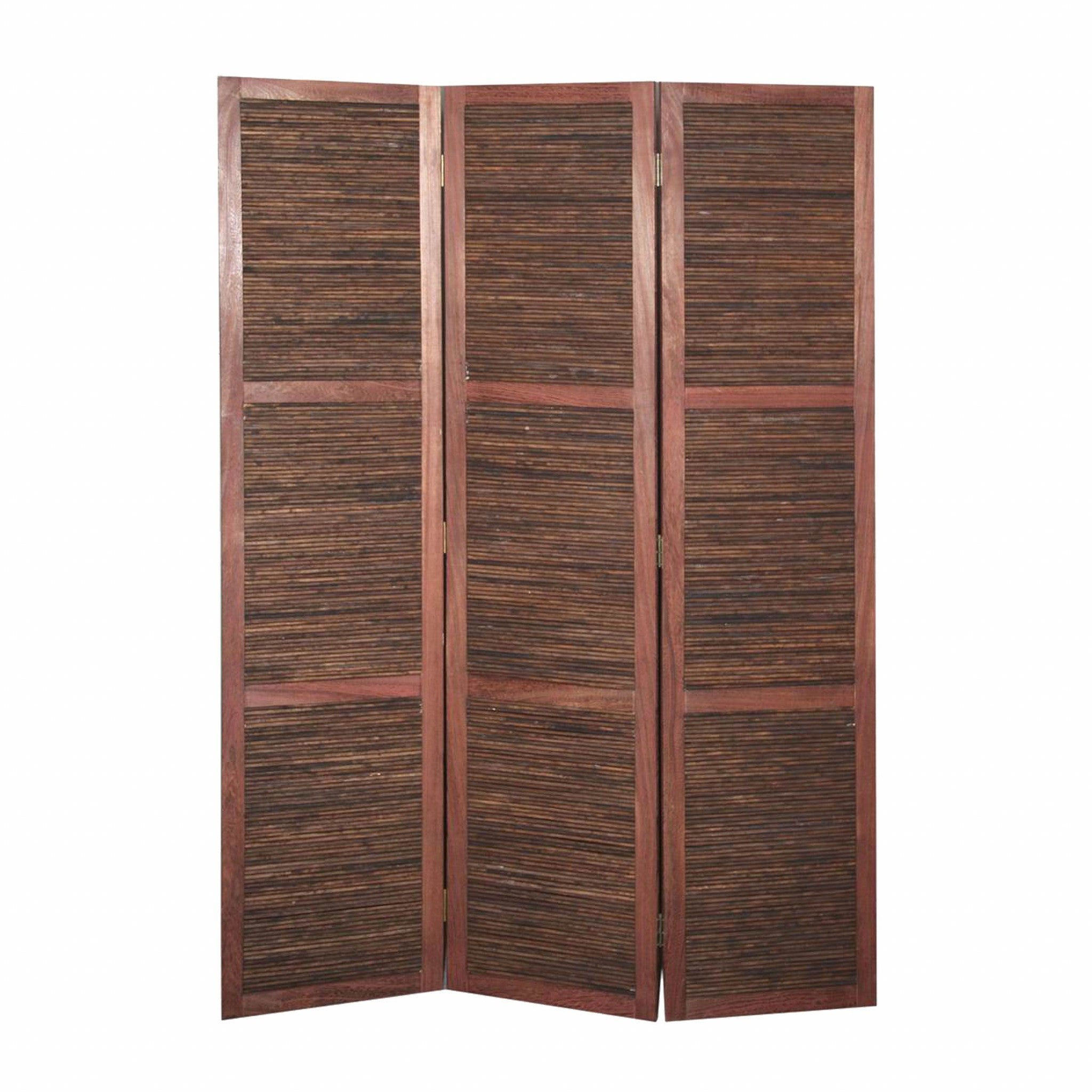 67" Brown Solid and Manufactured Wood Folding Three Panel Screen Room Divider-Room Dividers-DECOROLALA