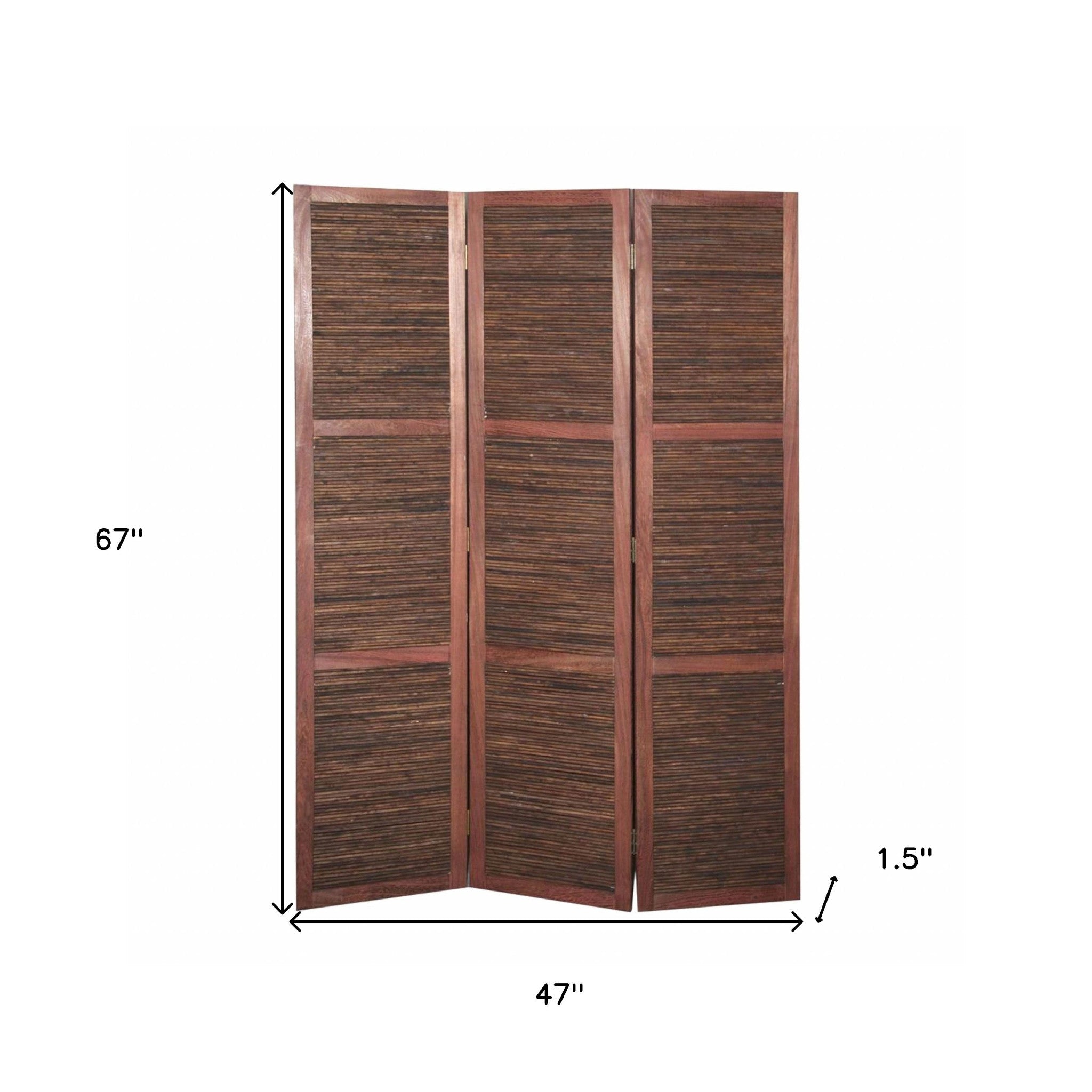 67" Brown Solid and Manufactured Wood Folding Three Panel Screen Room Divider-Room Dividers-DECOROLALA