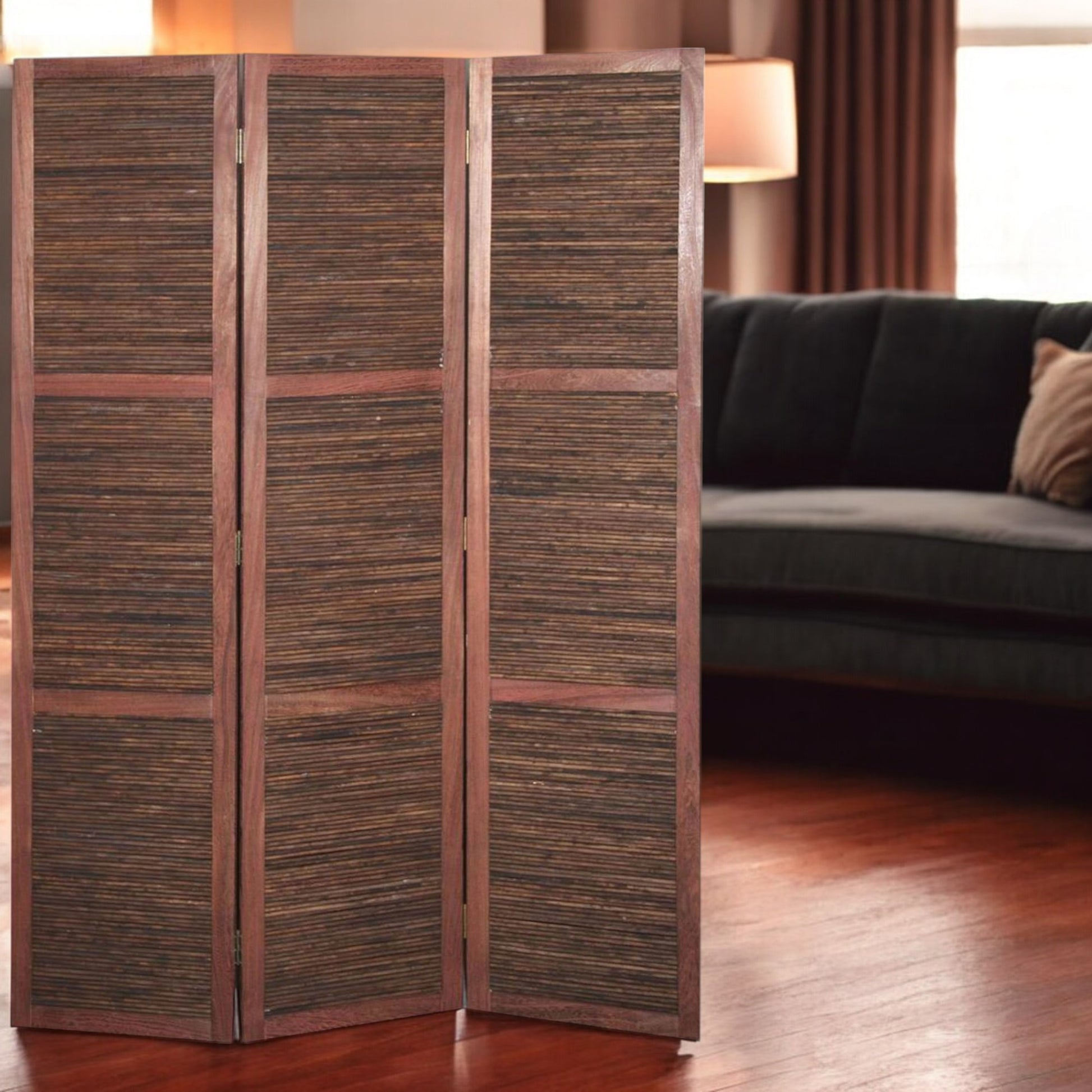 67" Brown Solid and Manufactured Wood Folding Three Panel Screen Room Divider-Room Dividers-DECOROLALA