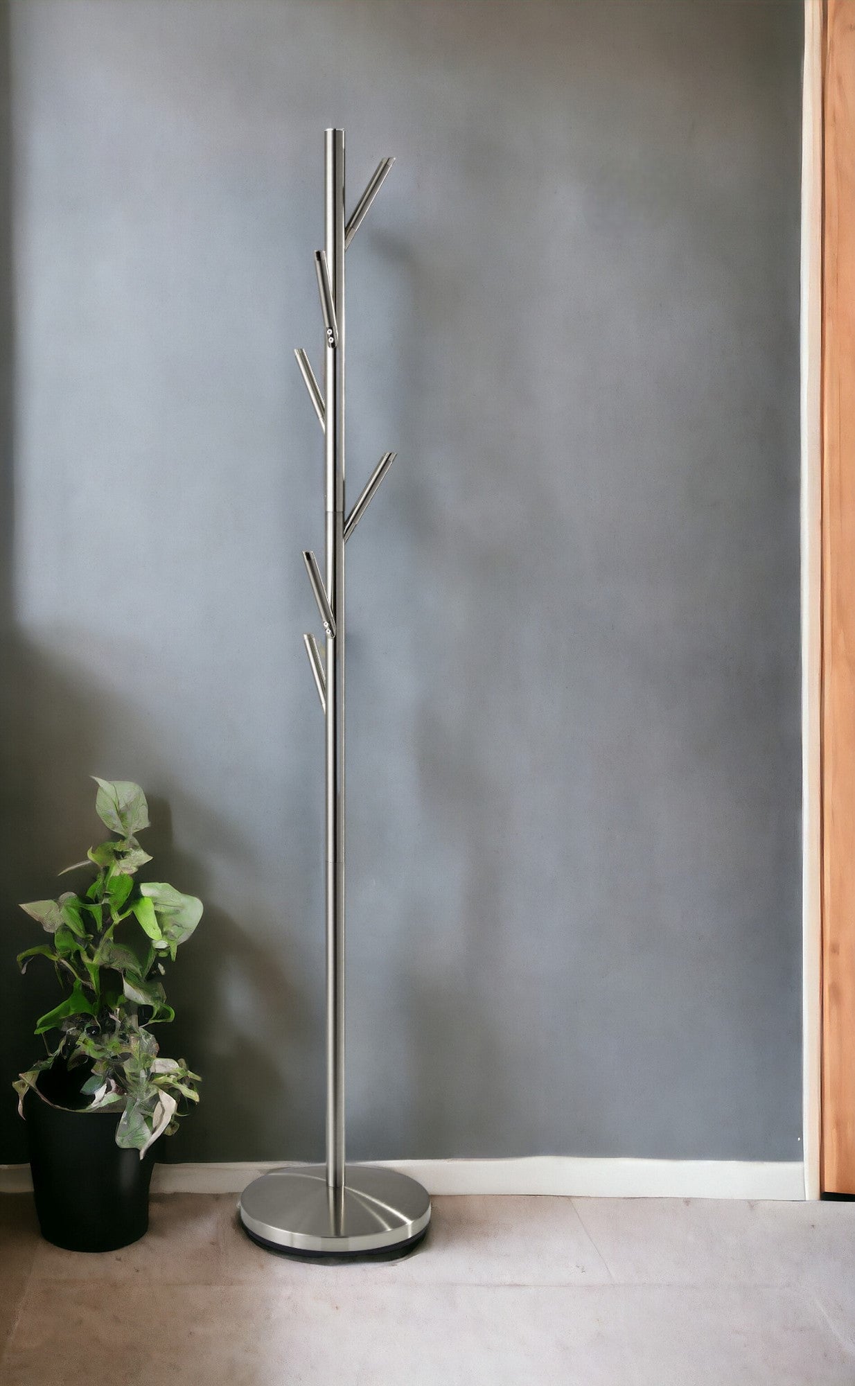 67" Brushed Steel Coat Tree Rack-Coat Hangers-DECOROLALA