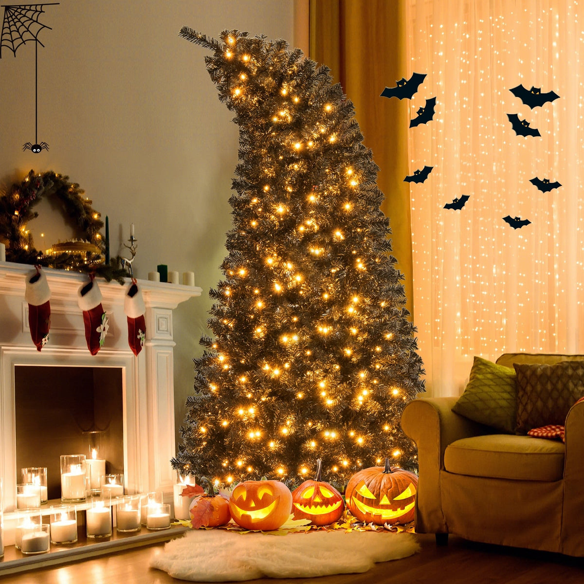 6/7 FT Artificial Christmas Tree with Bendable Top Section and Warm Light-7 ft-Christmas Trees-DECOROLALA