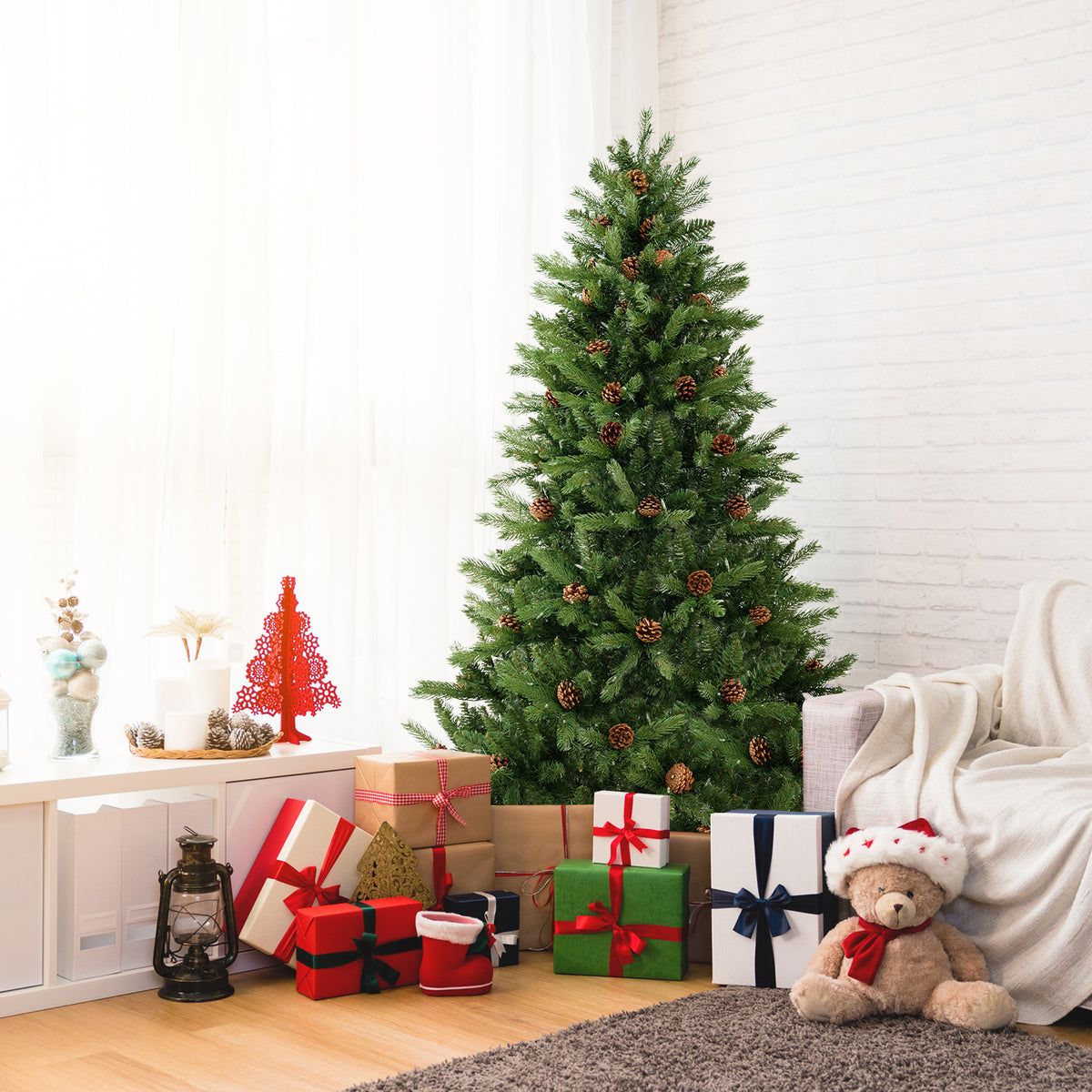 6/7 FT Artificial Christmas Tree with Pine Cones and Adjustable Brightness-6 ft-Christmas Trees-DECOROLALA