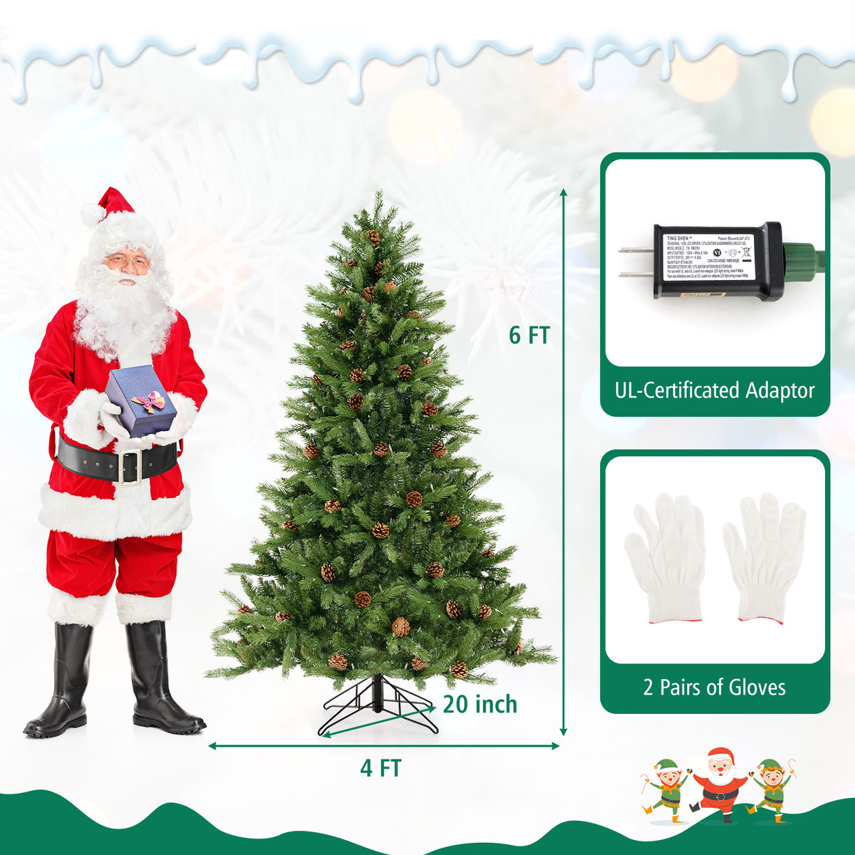 6/7 FT Artificial Christmas Tree with Pine Cones and Adjustable Brightness-6 ft-Christmas Trees-DECOROLALA