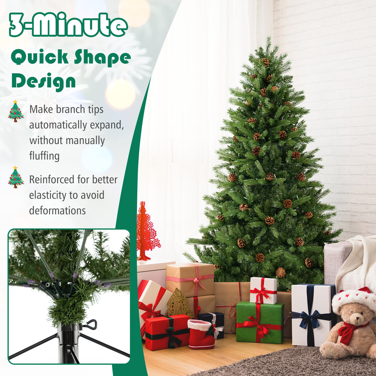 6/7 FT Artificial Christmas Tree with Pine Cones and Adjustable Brightness-6 ft-Christmas Trees-DECOROLALA
