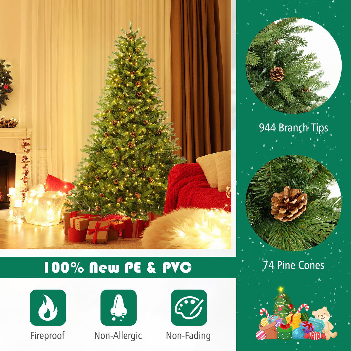 6/7 FT Artificial Christmas Tree with Pine Cones and Adjustable Brightness-6 ft-Christmas Trees-DECOROLALA
