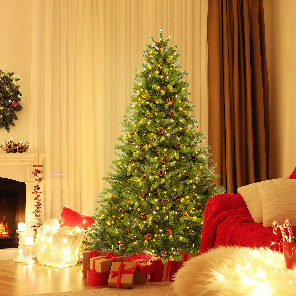 6/7 FT Artificial Christmas Tree with Pine Cones and Adjustable Brightness-6 ft-Christmas Trees-DECOROLALA