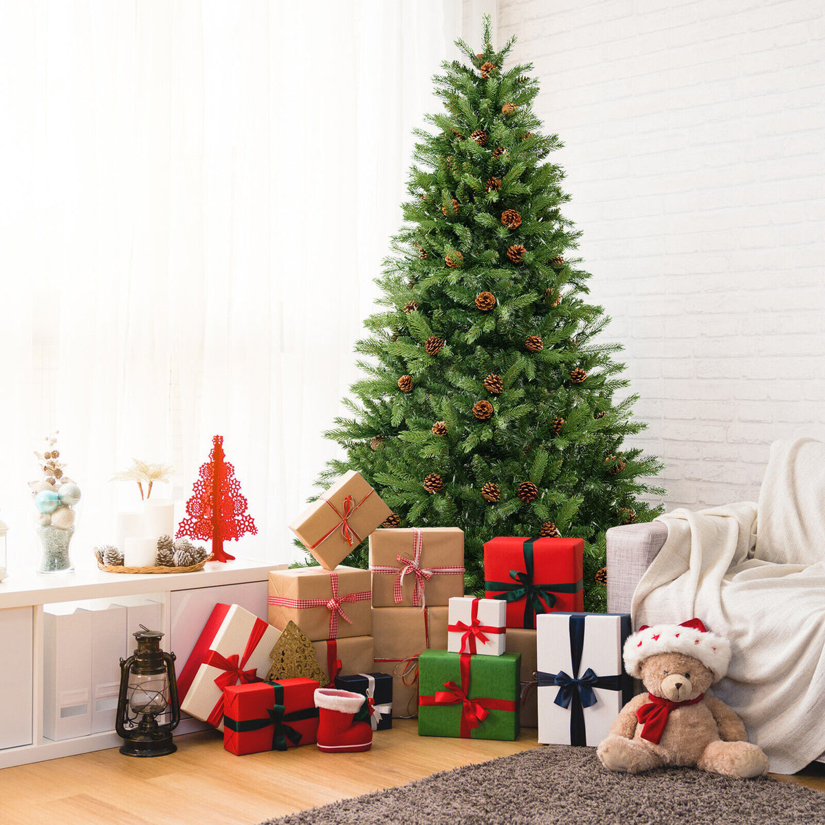 6/7 FT Artificial Christmas Tree with Pine Cones and Adjustable Brightness-7 ft-Christmas Trees-DECOROLALA