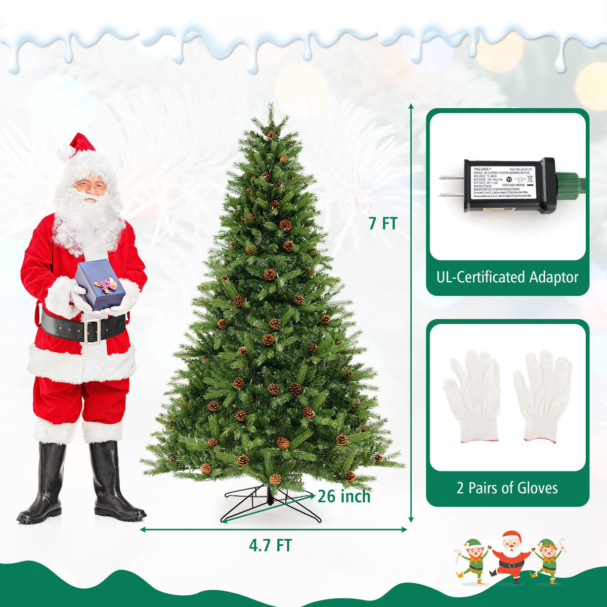 6/7 FT Artificial Christmas Tree with Pine Cones and Adjustable Brightness-7 ft-Christmas Trees-DECOROLALA