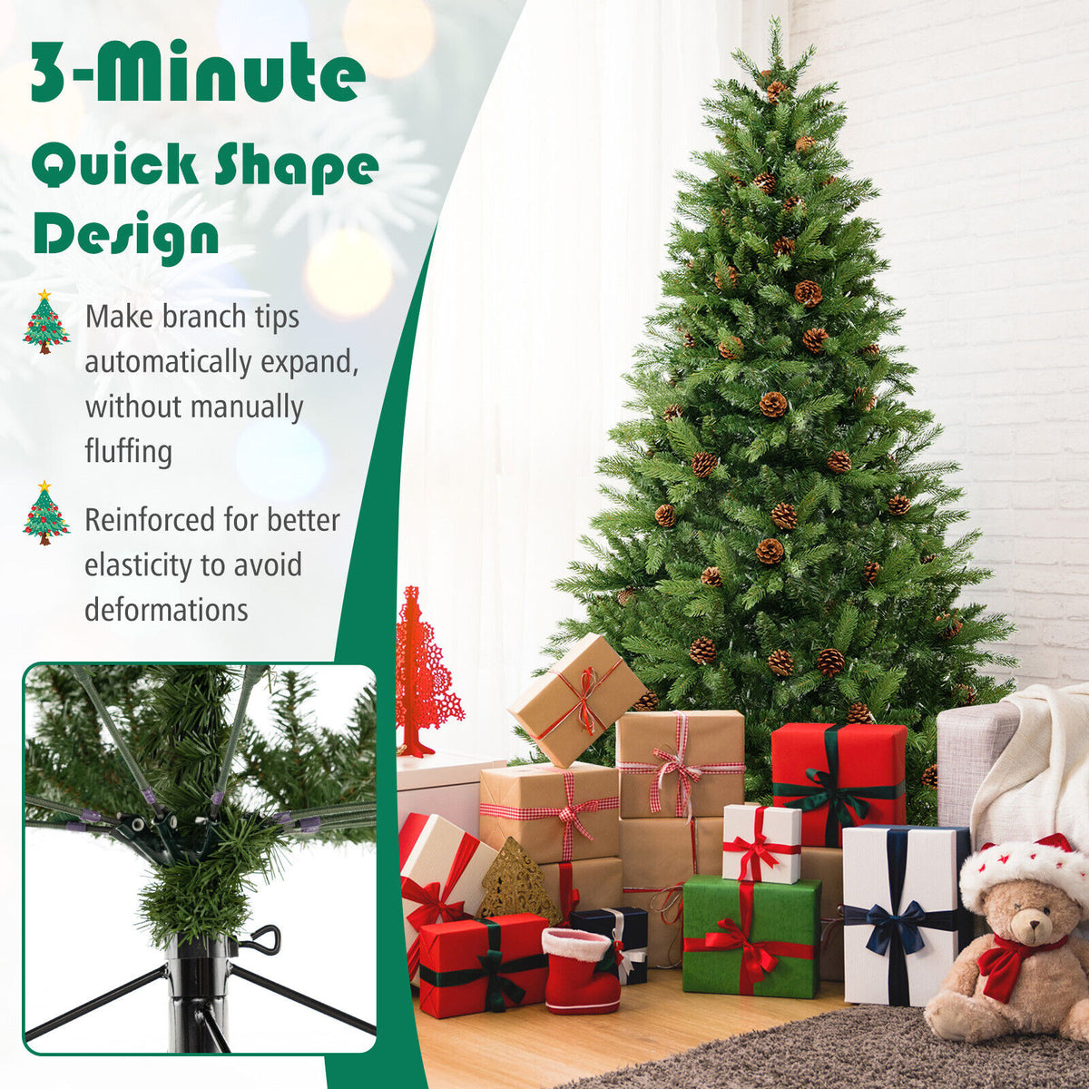 6/7 FT Artificial Christmas Tree with Pine Cones and Adjustable Brightness-7 ft-Christmas Trees-DECOROLALA