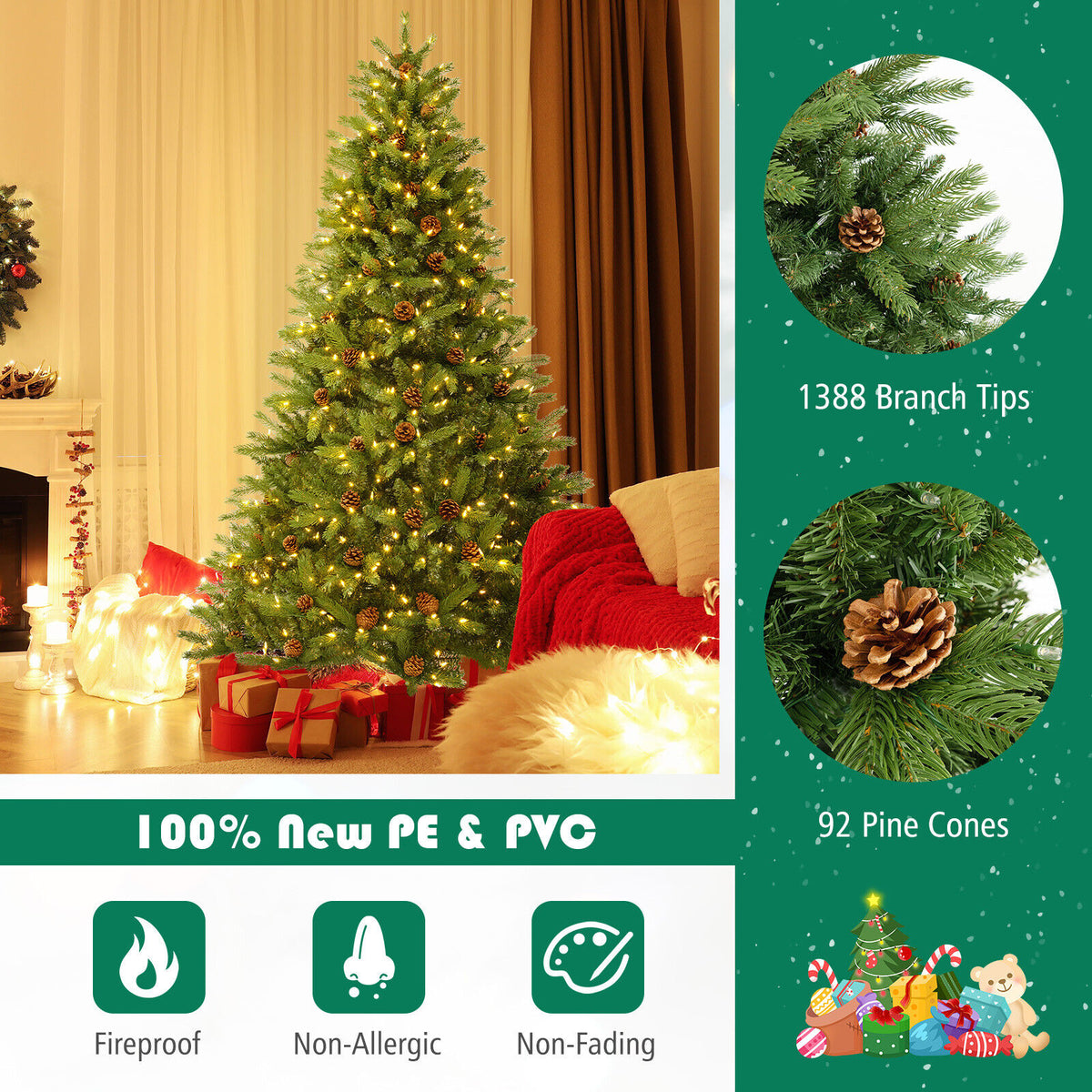 6/7 FT Artificial Christmas Tree with Pine Cones and Adjustable Brightness-7 ft-Christmas Trees-DECOROLALA