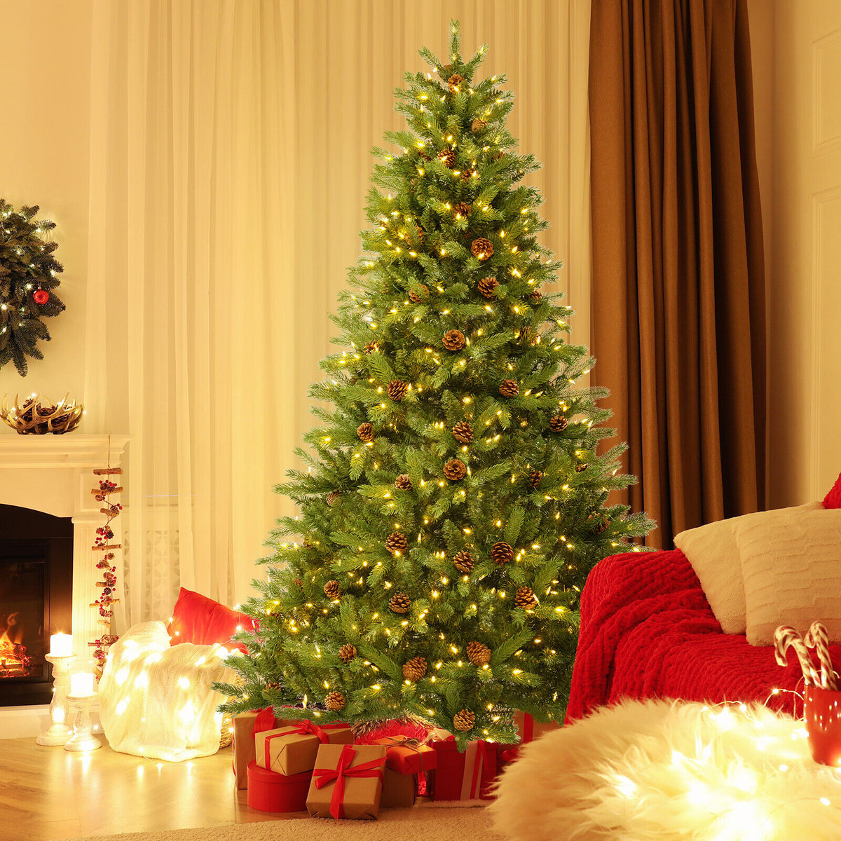 6/7 FT Artificial Christmas Tree with Pine Cones and Adjustable Brightness-7 ft-Christmas Trees-DECOROLALA
