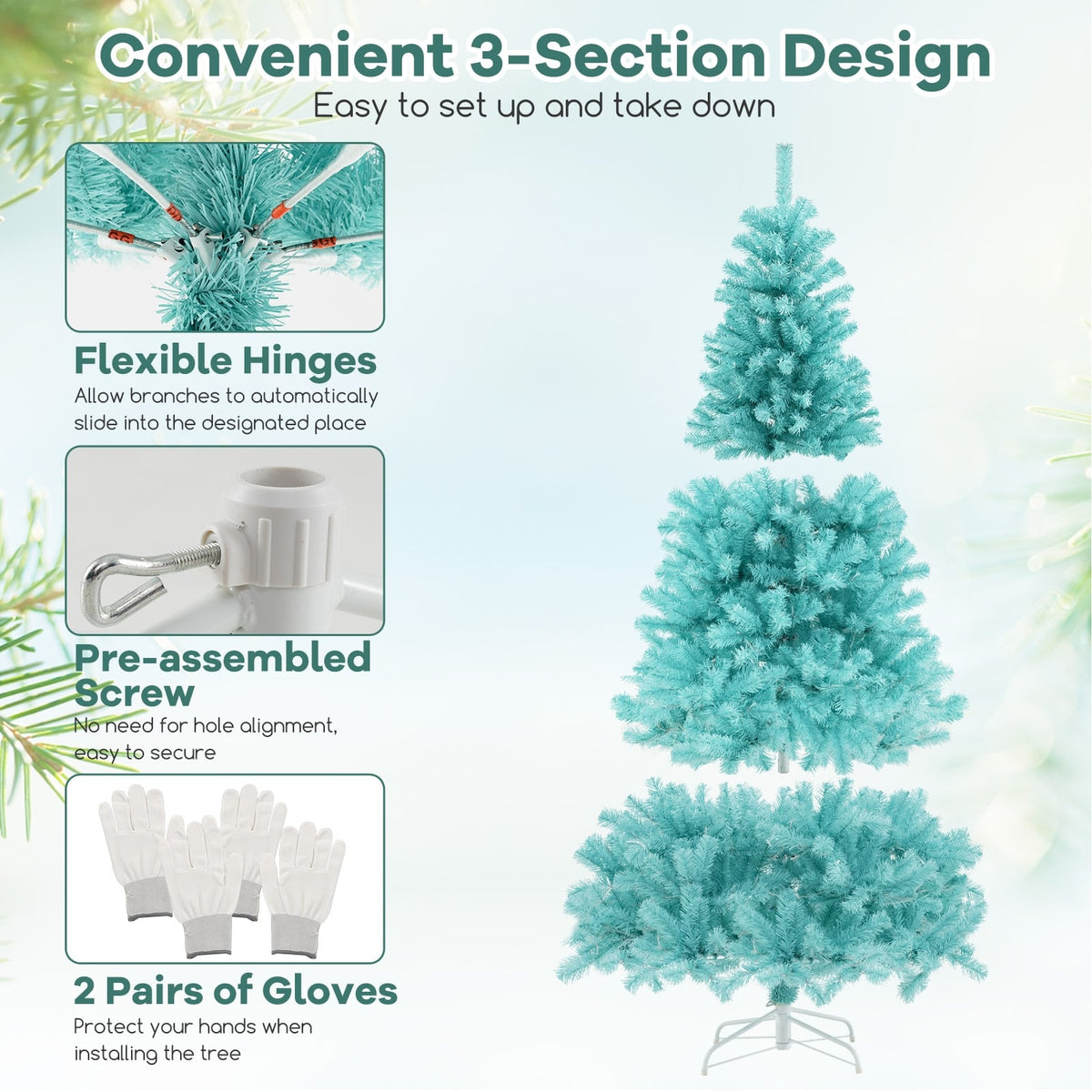 6/7 FT Blue Artificial Christmas Tree with 280/380 Warm White LED Lights and Foldable Metal Stand-6 FT-Christmas Trees-DECOROLALA
