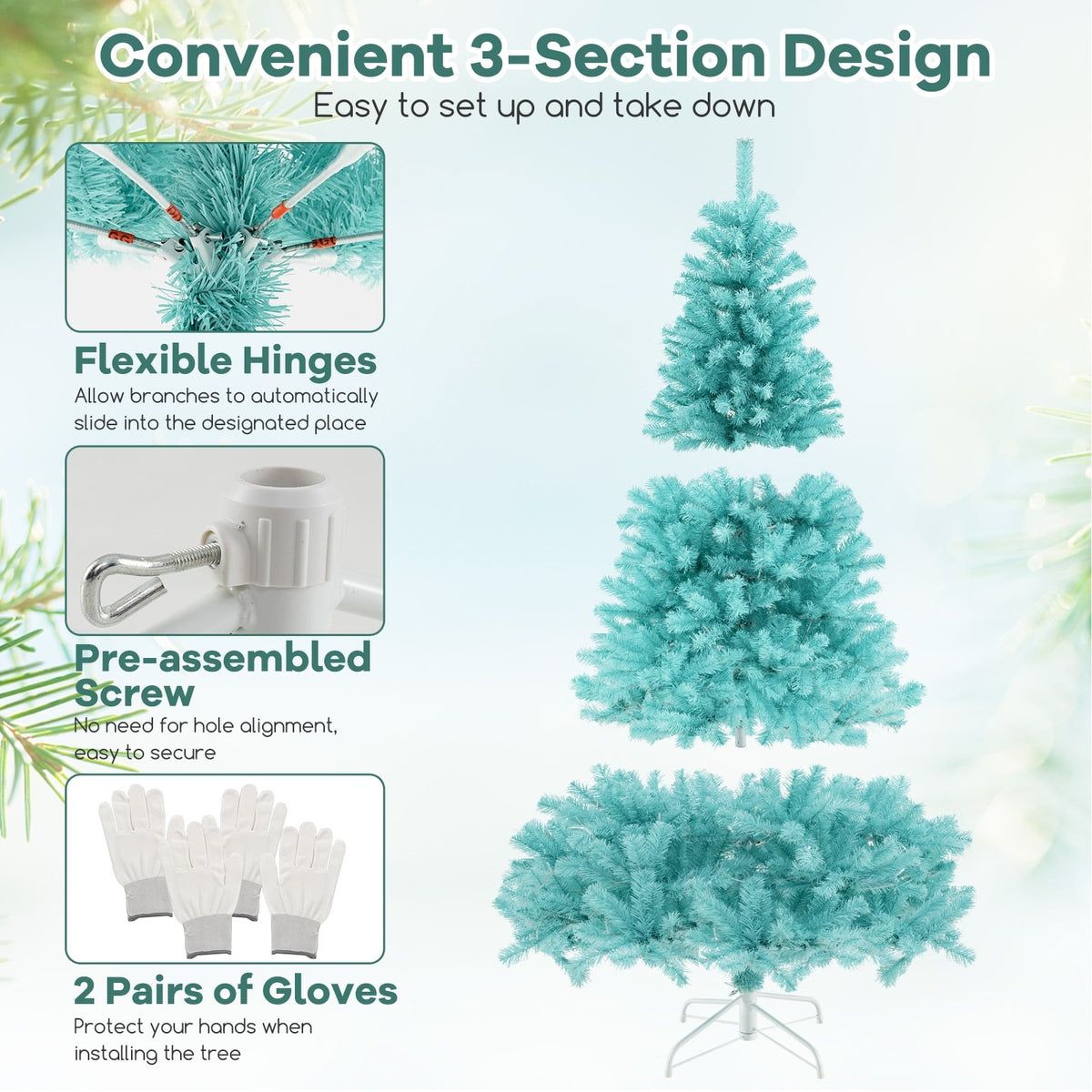 6/7 FT Blue Artificial Christmas Tree with 280/380 Warm White LED Lights and Foldable Metal Stand-7 ft-Christmas Trees-DECOROLALA