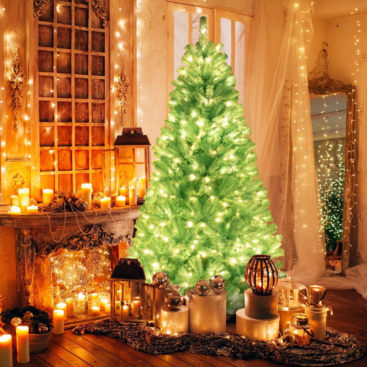 6/7 FT Blue Artificial Christmas Tree with 280/380 Warm White LED Lights and Foldable Metal Stand-7 ft-Christmas Trees-DECOROLALA