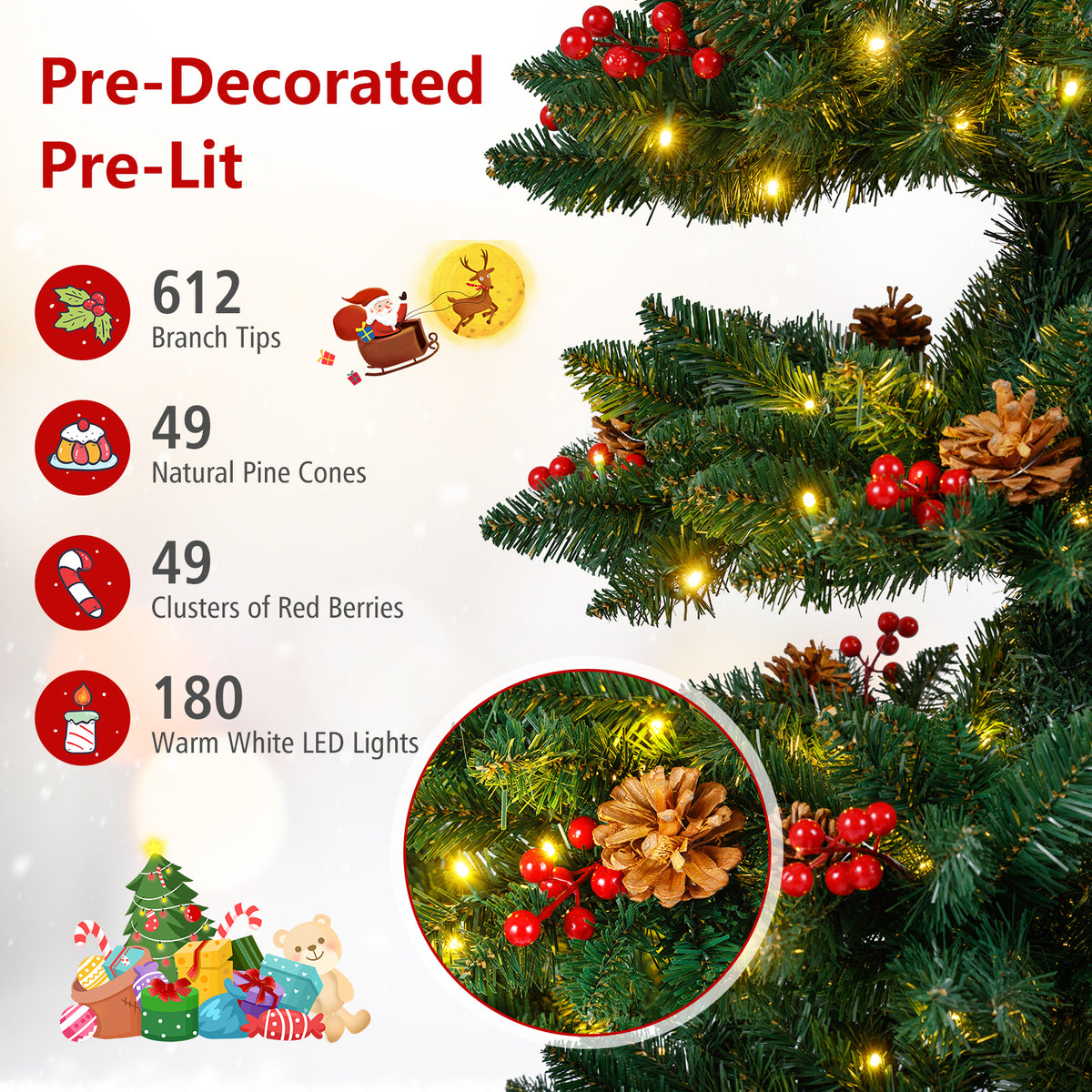6/7 FT Pre-Lit Artificial Christmas Tree Spiral Holiday Tree with 612/791 Branch Tips and 8 Modes-6 ft-Christmas Trees-DECOROLALA