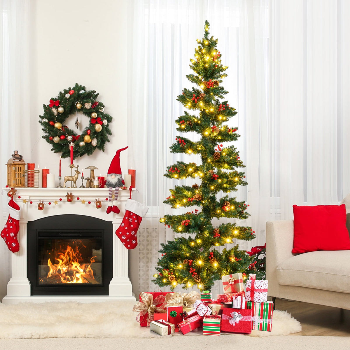 6/7 FT Pre-Lit Artificial Christmas Tree Spiral Holiday Tree with 612/791 Branch Tips and 8 Modes-7 ft-Christmas Trees-DECOROLALA