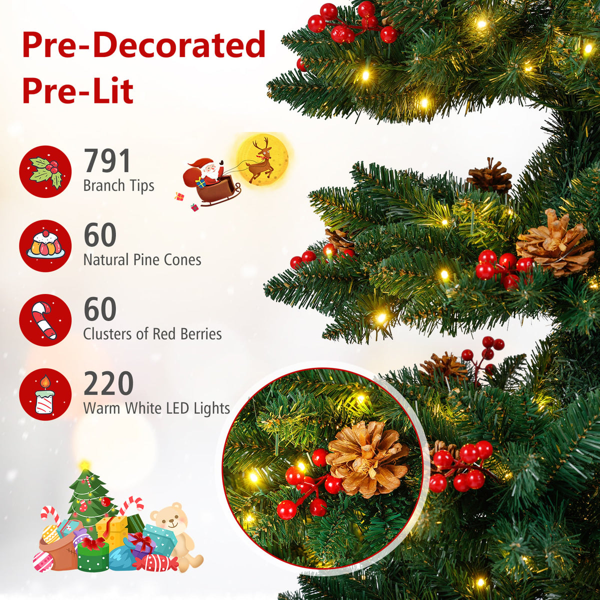 6/7 FT Pre-Lit Artificial Christmas Tree Spiral Holiday Tree with 612/791 Branch Tips and 8 Modes-7 ft-Christmas Trees-DECOROLALA