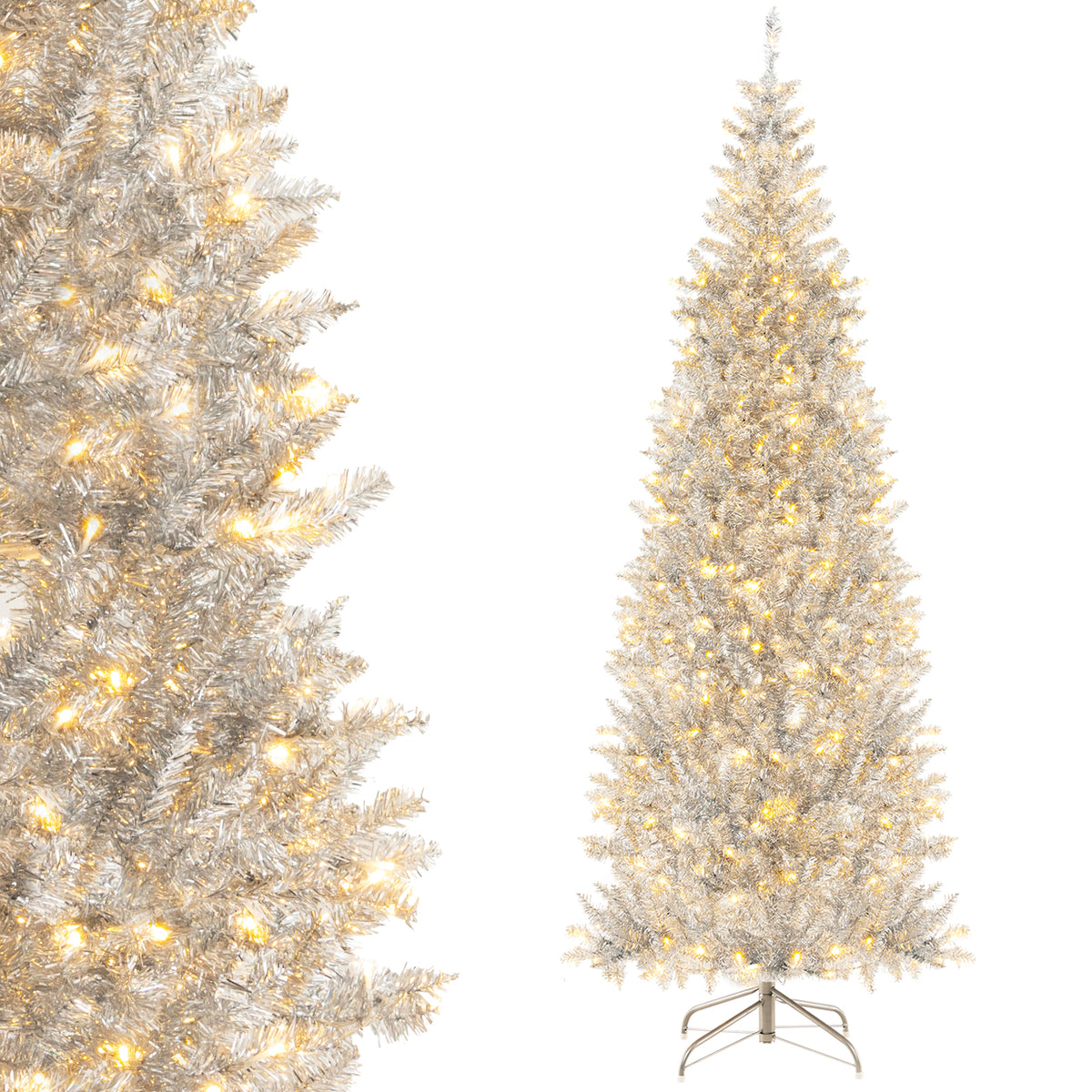 6/7 FT Pre-Lit Artificial Silver Tinsel Xmas Tree with 790 Branch Tips and 300 LED Lights-7 ft-Christmas Trees-DECOROLALA