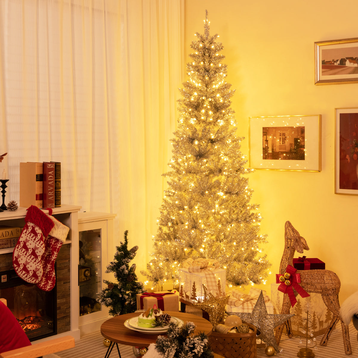 6/7 FT Pre-Lit Artificial Silver Tinsel Xmas Tree with 790 Branch Tips and 300 LED Lights-7 ft-Christmas Trees-DECOROLALA